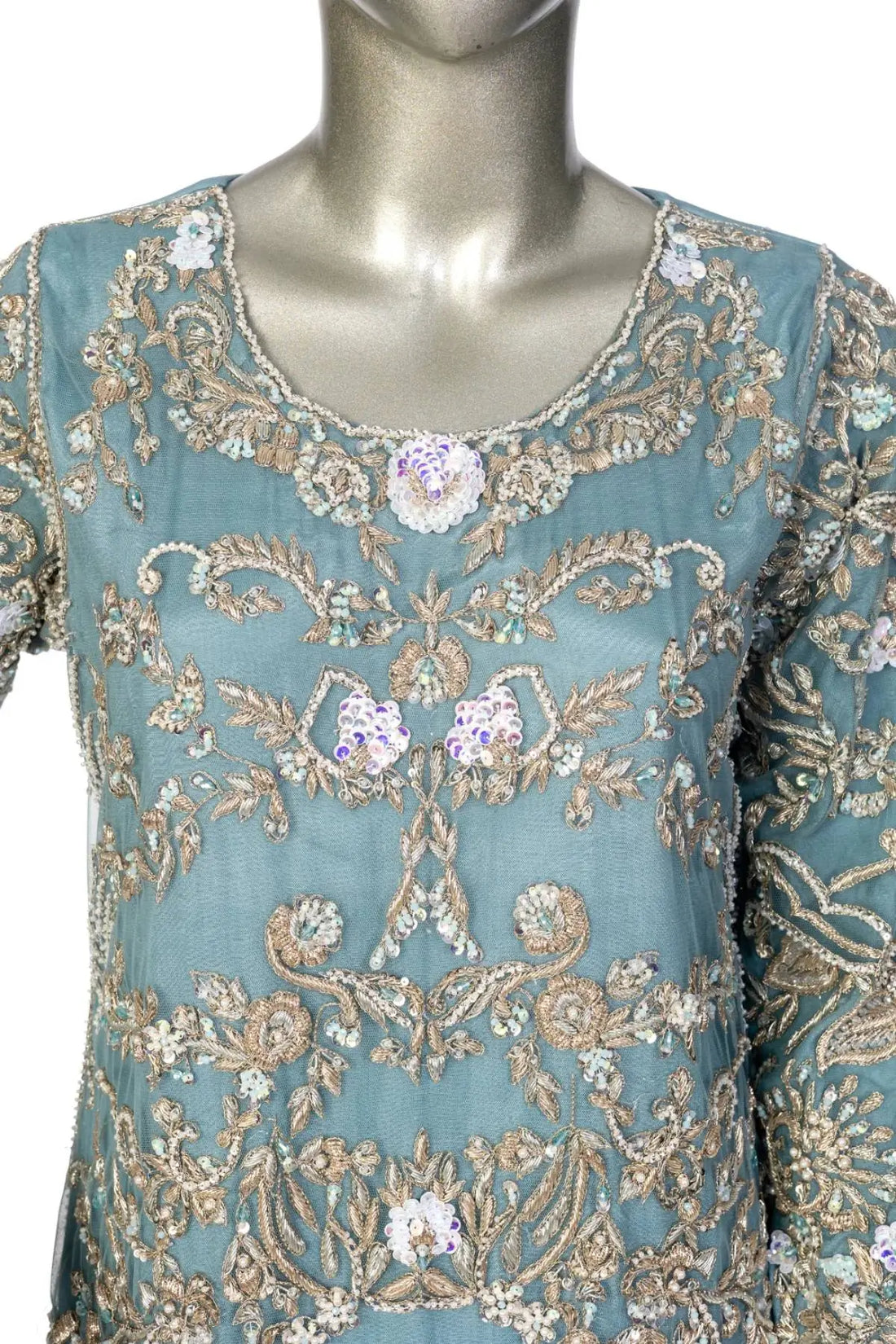 Nehal – Dusty Teal Pakistani Designer Net Hand-Embroidered Outfit