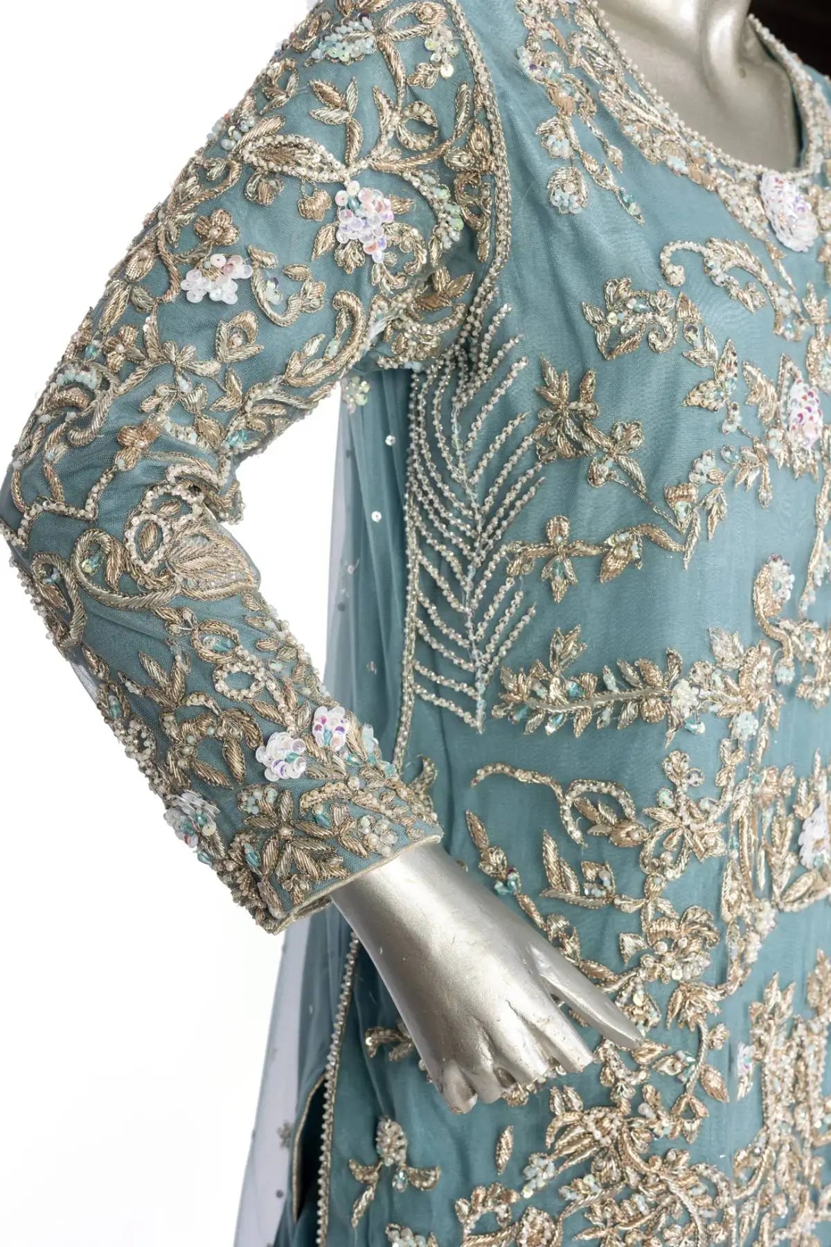 Nehal – Dusty Teal Pakistani Designer Net Hand-Embroidered Outfit