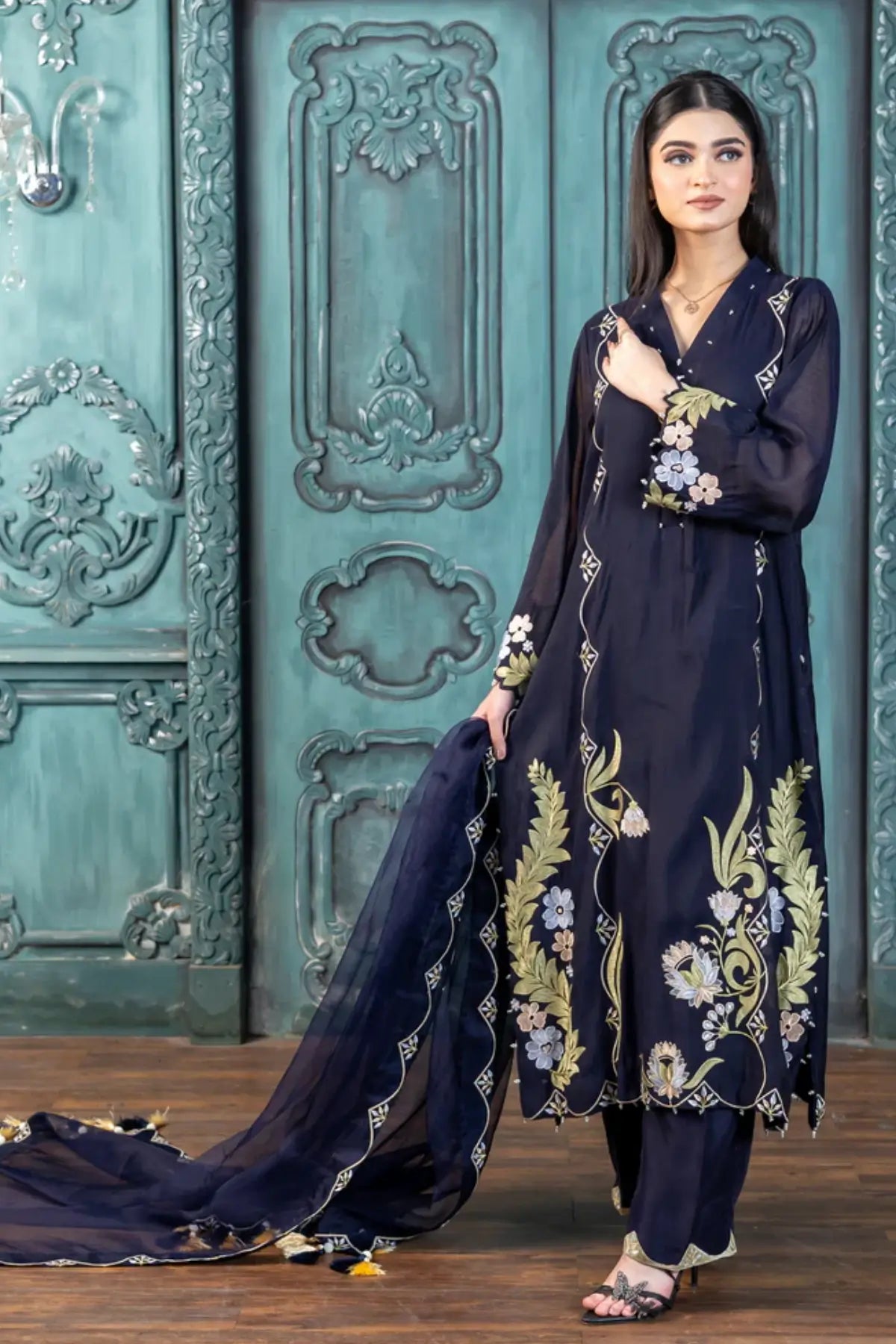 Nekhat – Buy Navy Embroidered 3-Piece Designer Suit for Women Canada