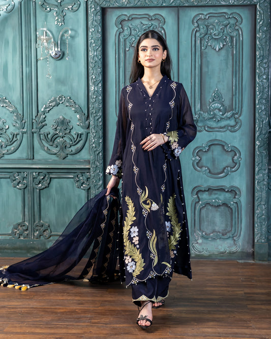 Buy stitched navy embroidered 3PC Pakistani outfit MariamRaj