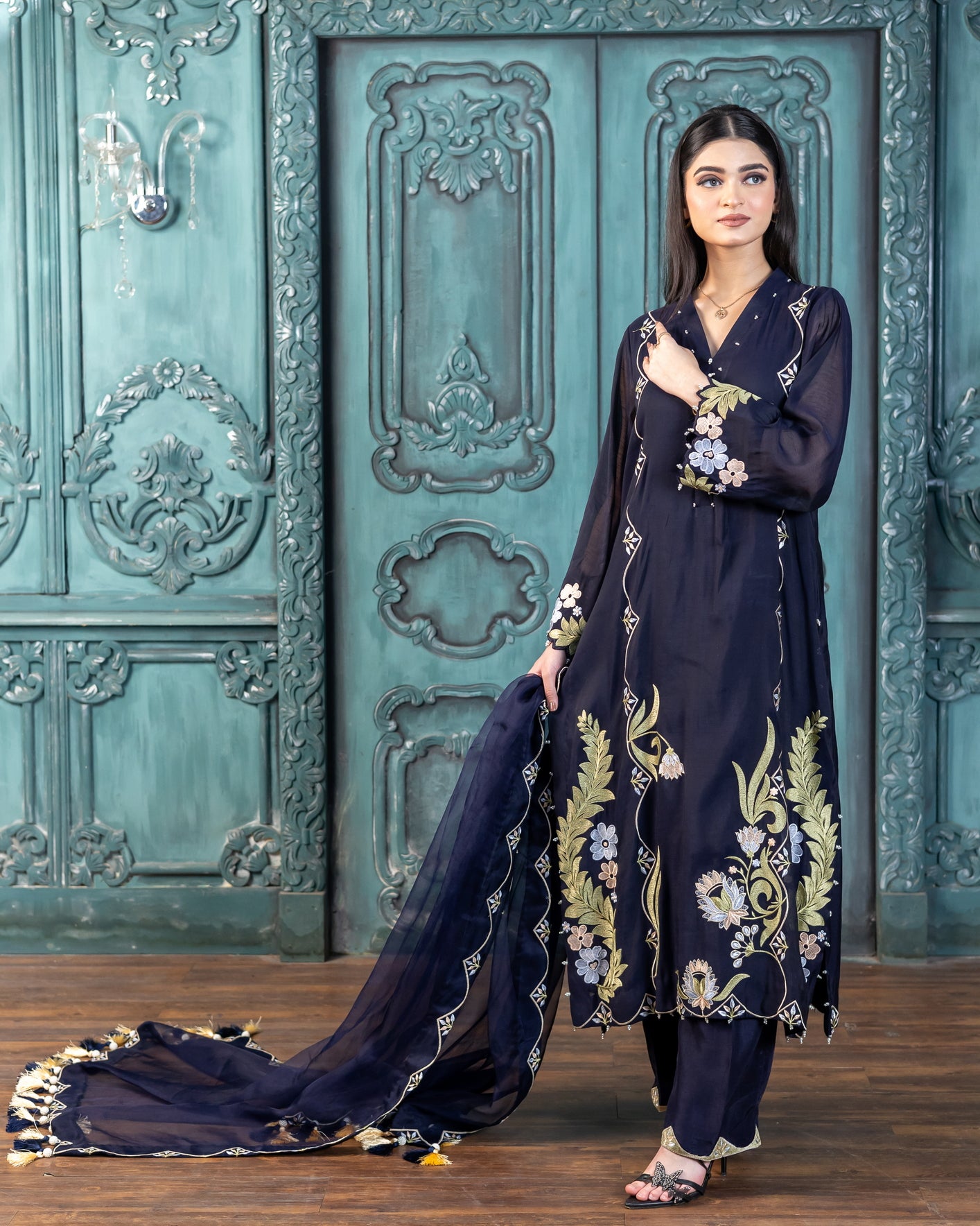 Buy stitched navy embroidered 3PC Pakistani outfit MariamRaj