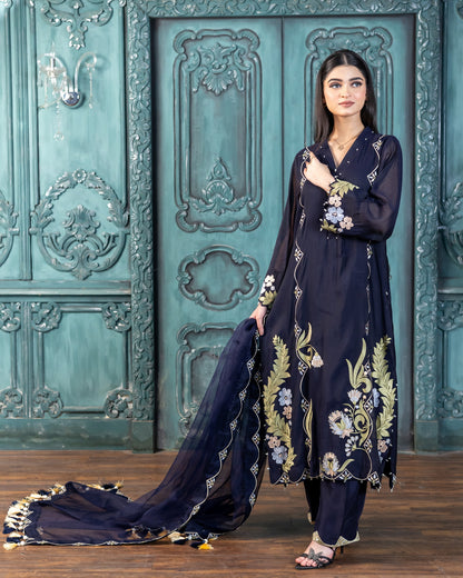 Buy stitched navy embroidered 3PC Pakistani outfit MariamRaj
