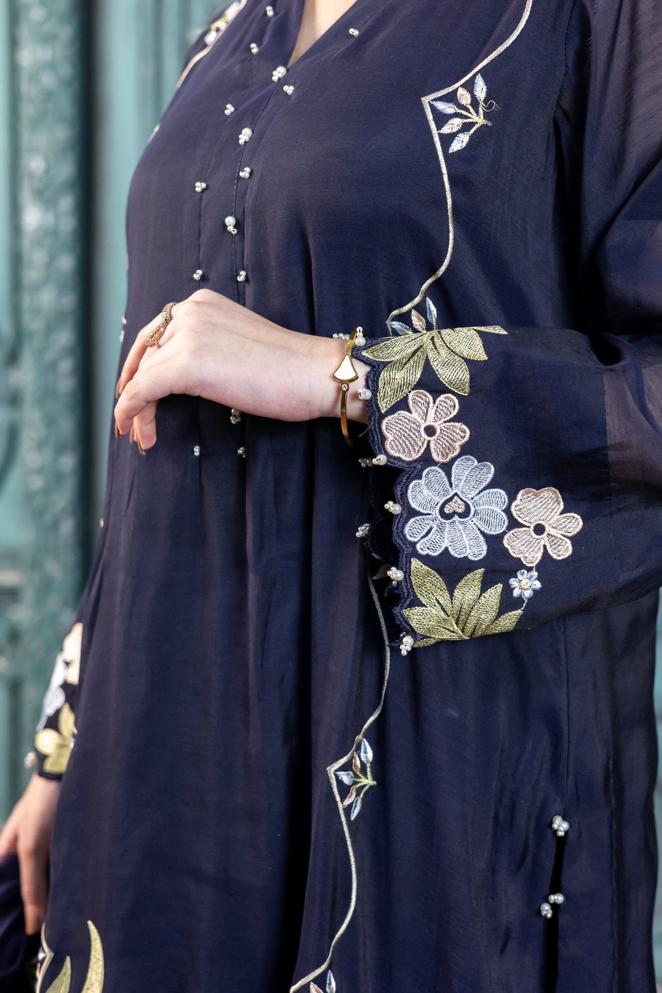 Buy stitched navy embroidered 3PC Pakistani outfit MariamRaj