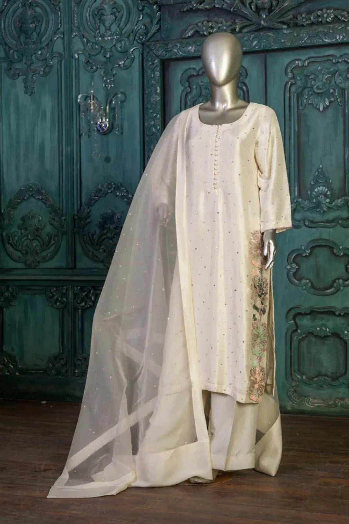 Nigar-Elegant Pearl White Embroidered Pakistani Formal Wear for Women