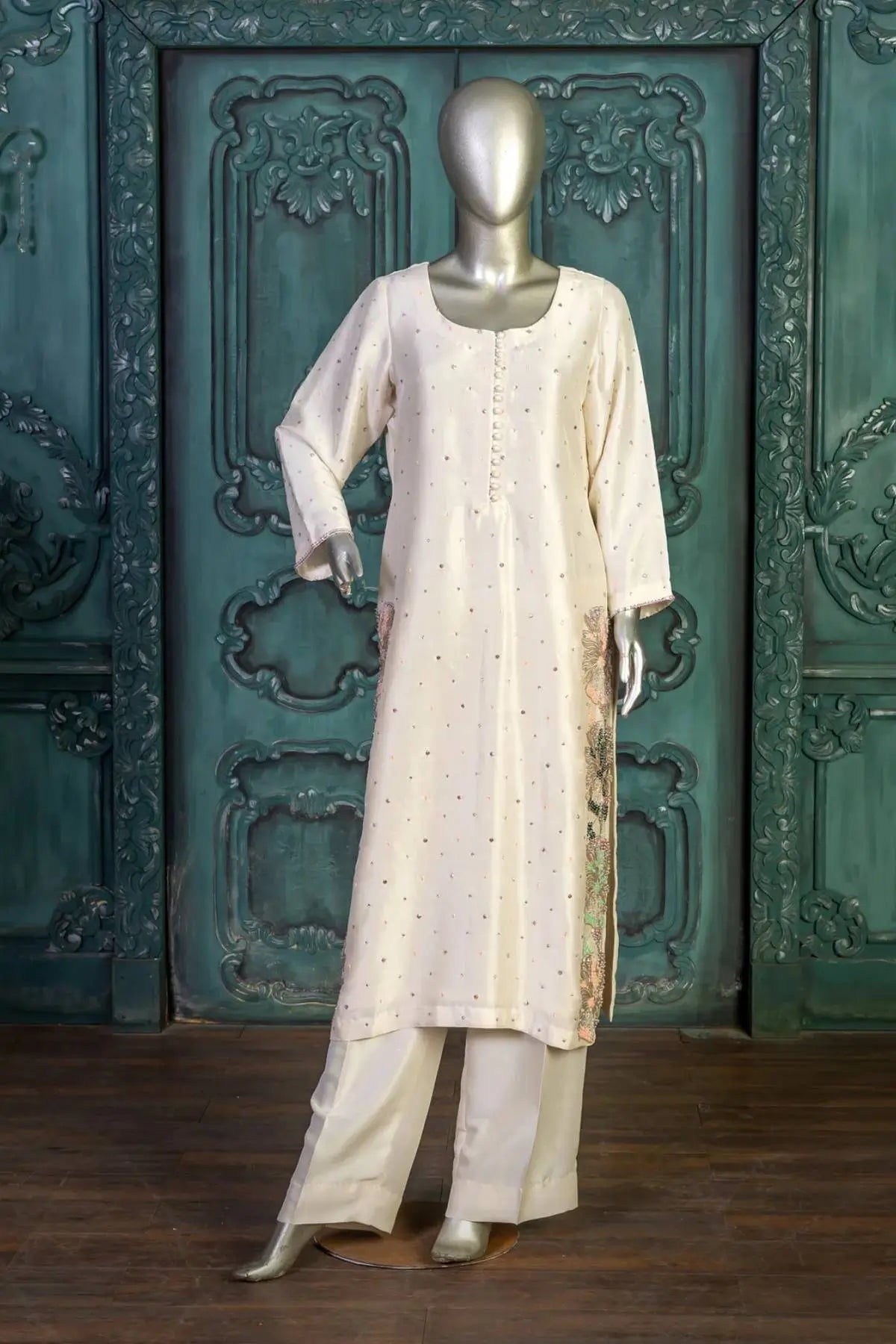 Nigar-Elegant Pearl White Embroidered Pakistani Formal Wear for Women