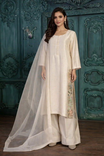 Nigar-Elegant Pearl White Embroidered Pakistani Formal Wear for Women