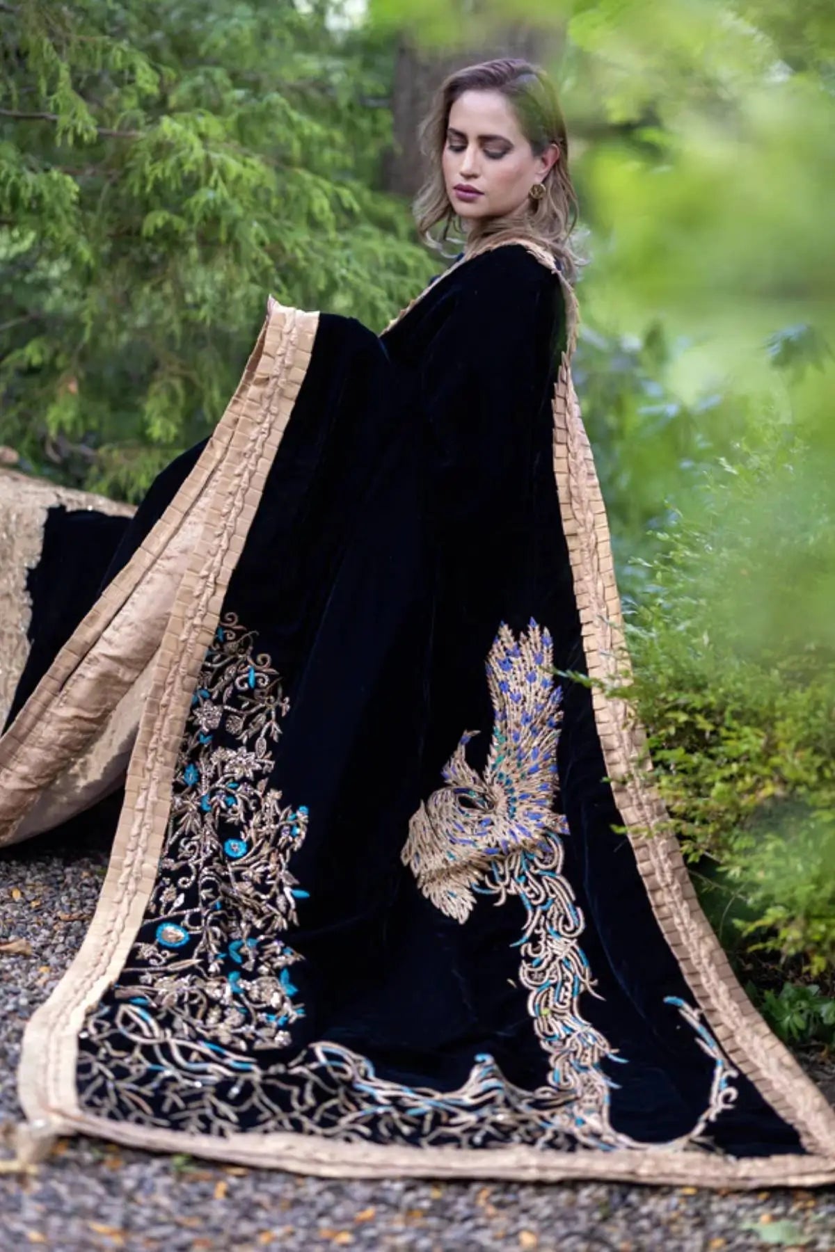 Noir Embrace-Pakistani Designer Hand-Embellished Velvet Shawl