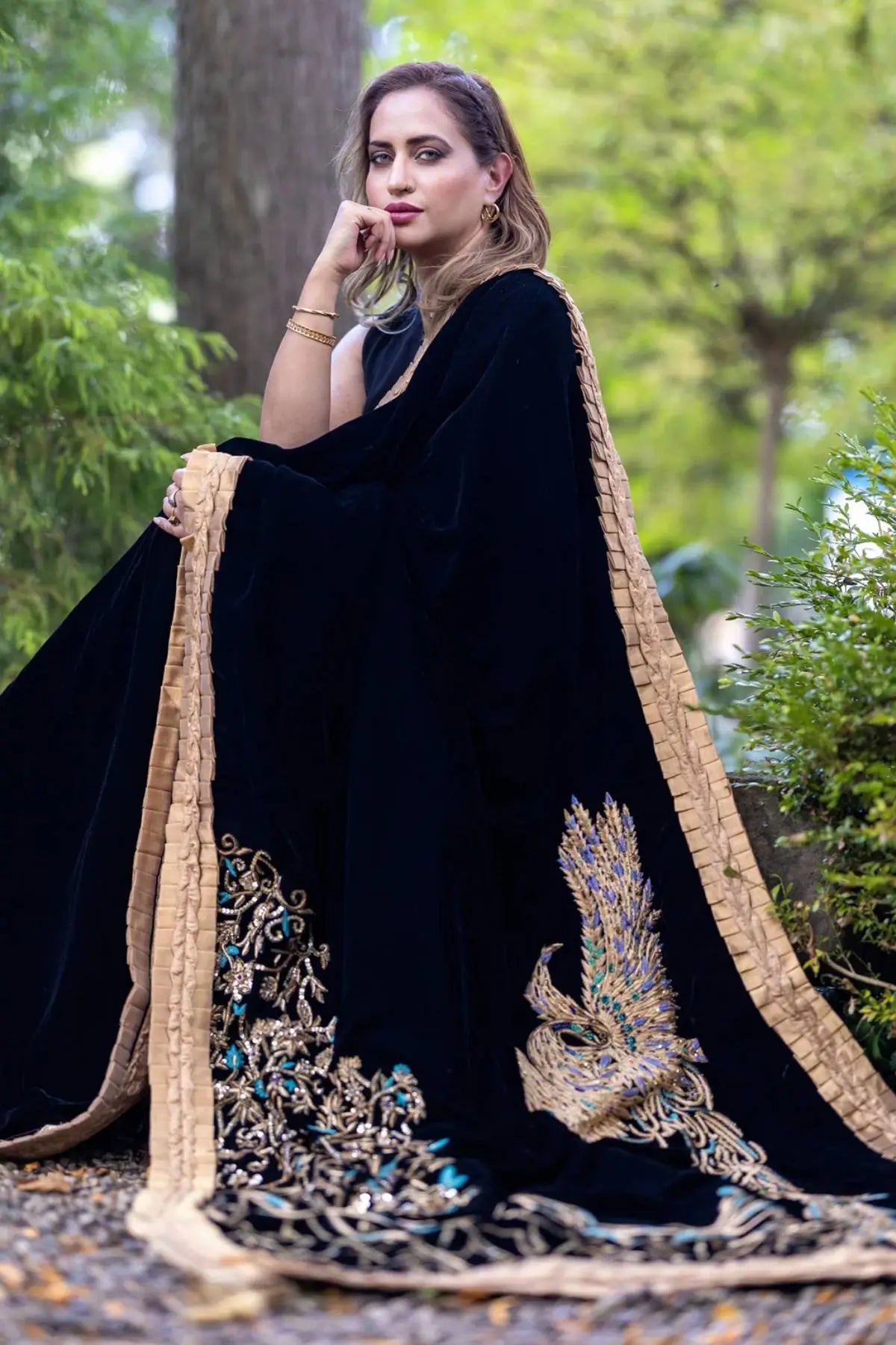 Noir Embrace-Pakistani Designer Hand-Embellished Velvet Shawl