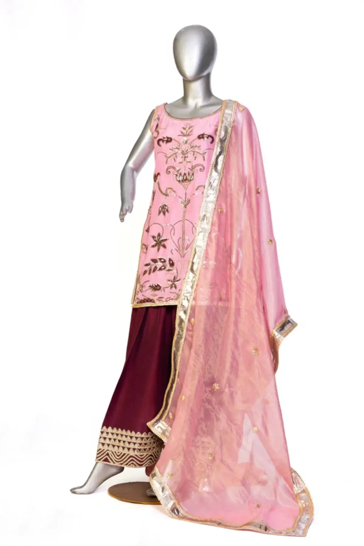 Noor– Traditional Farshi Shalwar Dress in Tea Pink & Maroon