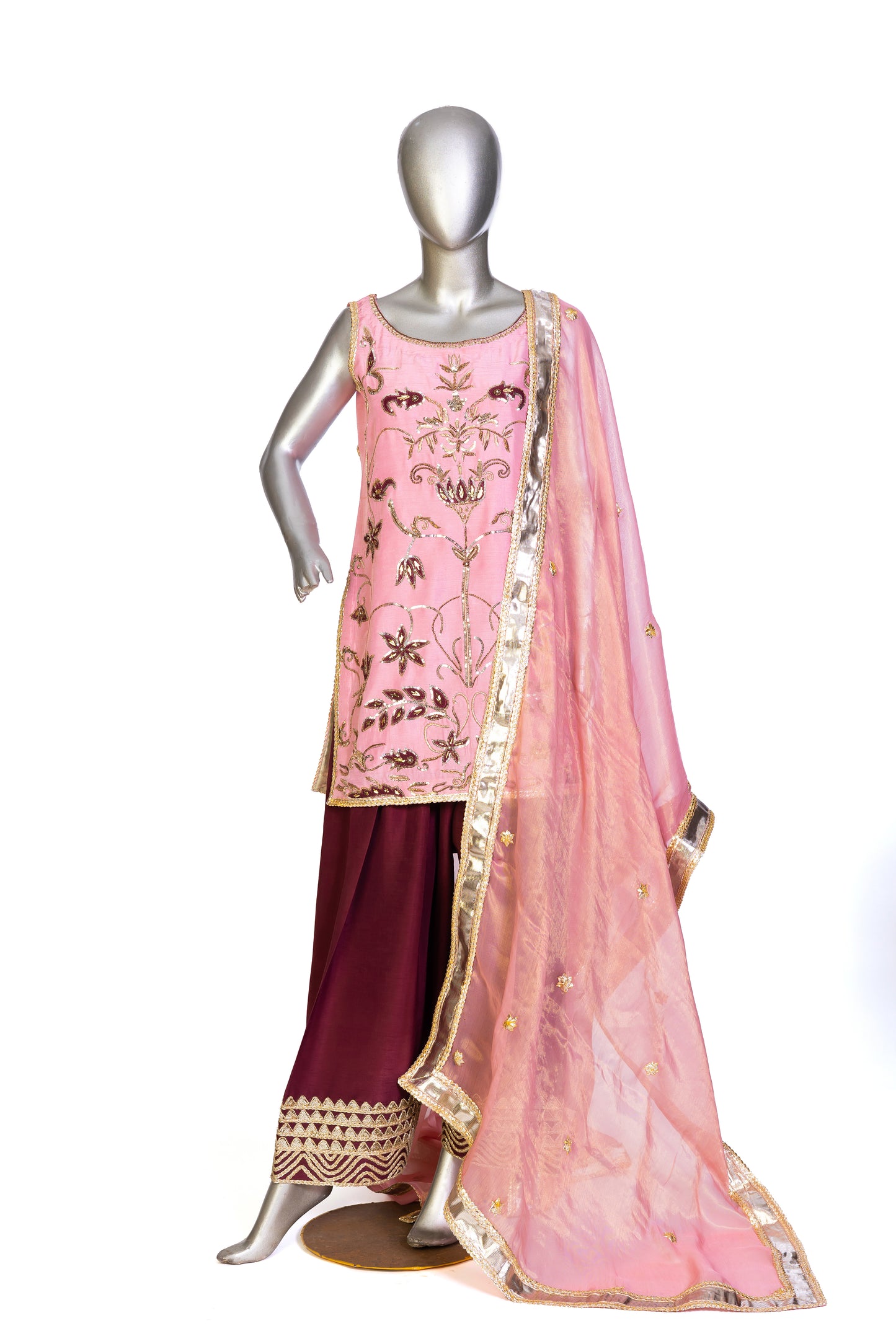 Noor– Traditional Farshi Shalwar Dress in Tea Pink & Maroon
