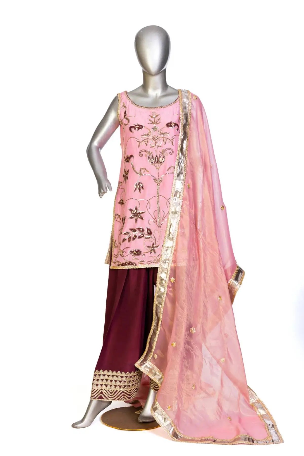 Noor– Traditional Farshi Shalwar Dress in Tea Pink & Maroon