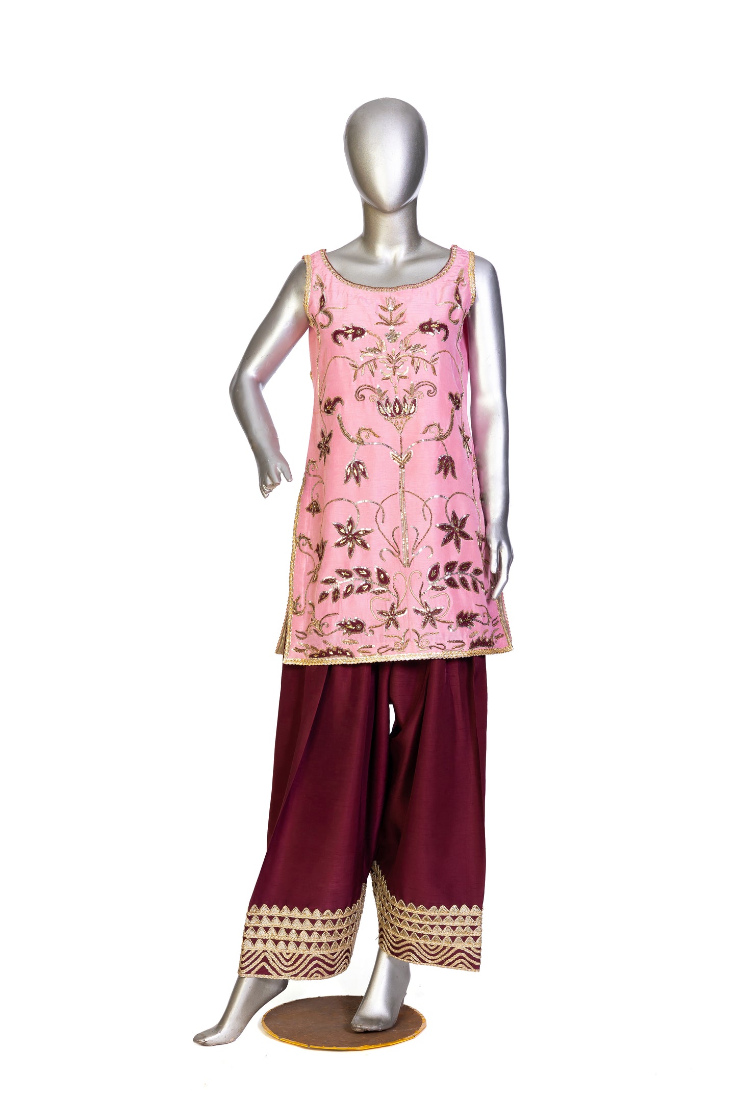 Noor– Traditional Farshi Shalwar Dress in Tea Pink & Maroon