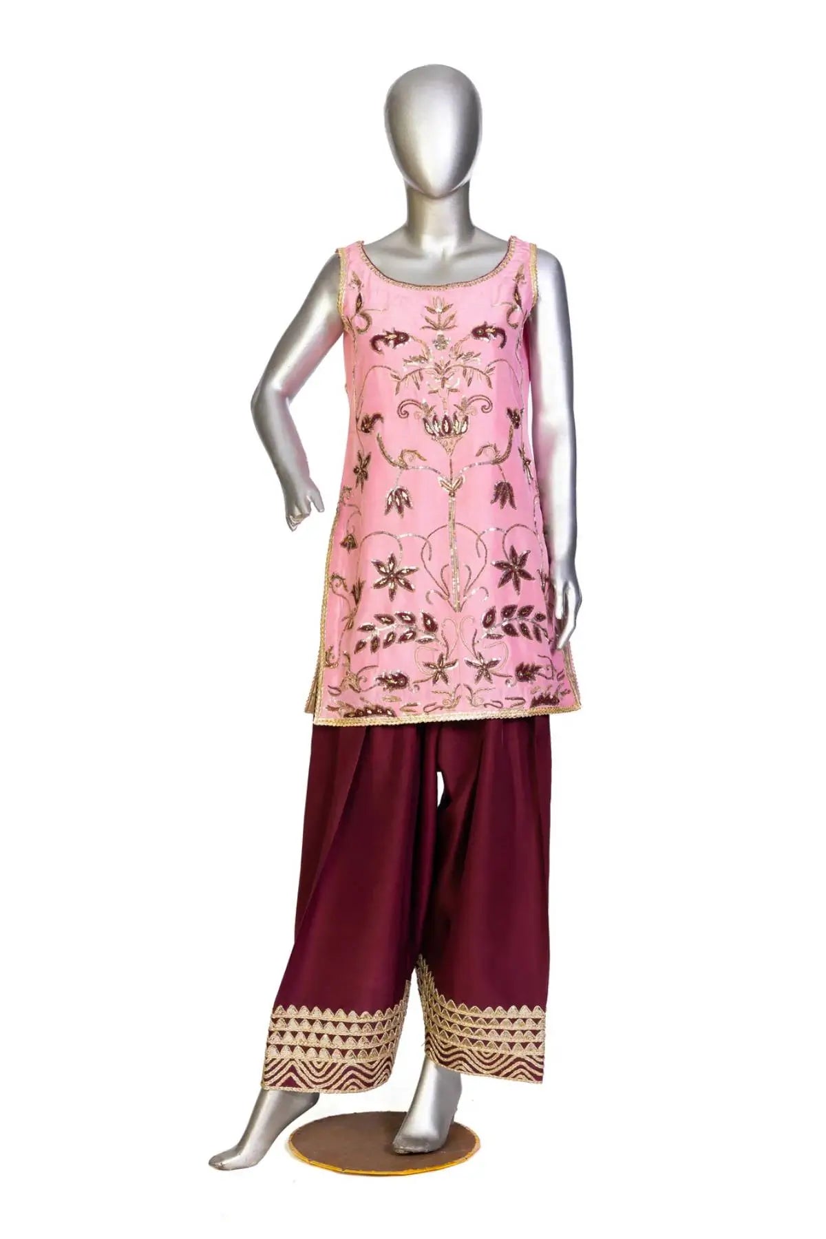 Noor– Traditional Farshi Shalwar Dress in Tea Pink & Maroon
