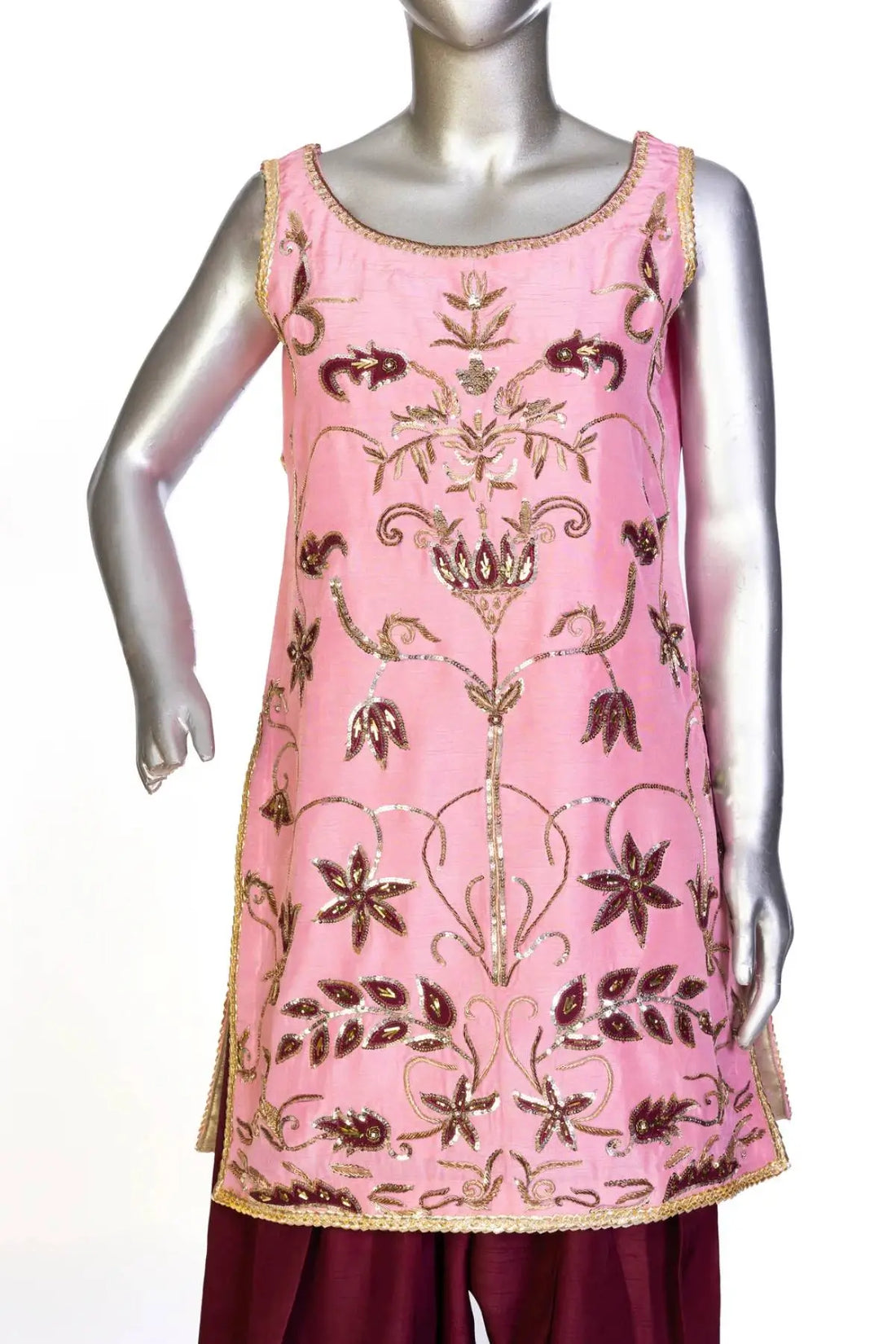 Noor– Traditional Farshi Shalwar Dress in Tea Pink & Maroon