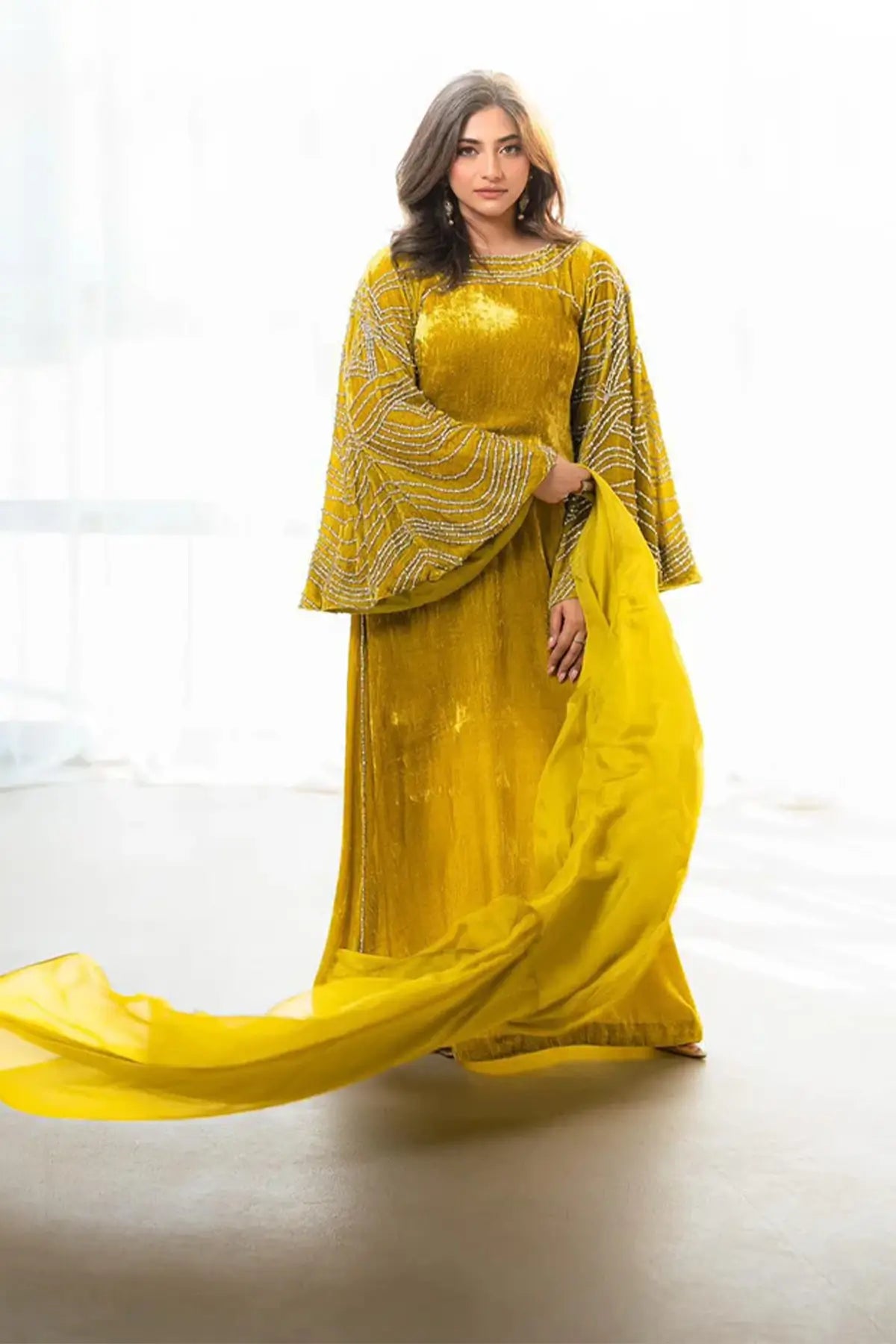 Nooraya – Luxury Velvet Lime Green Kaftan for Festive Occasions