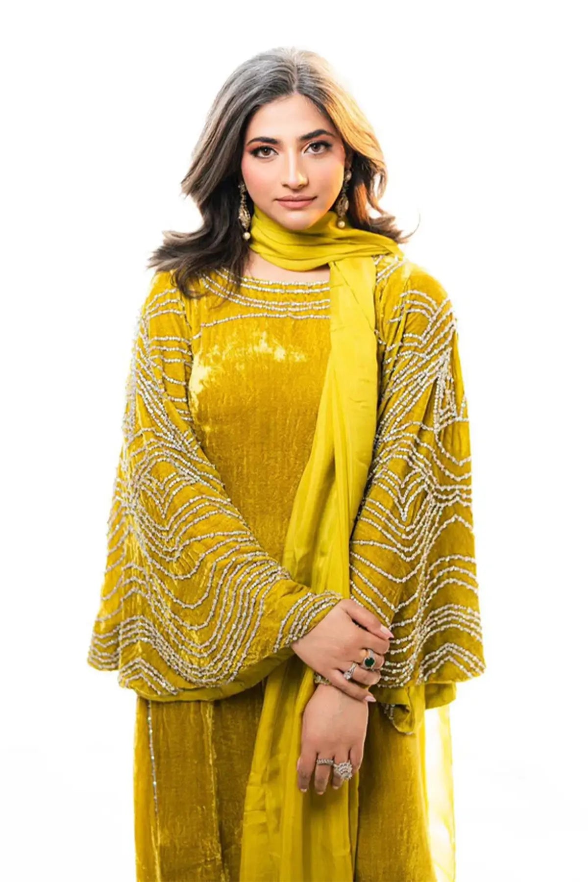 Nooraya – Luxury Velvet Lime Green Kaftan for Festive Occasions
