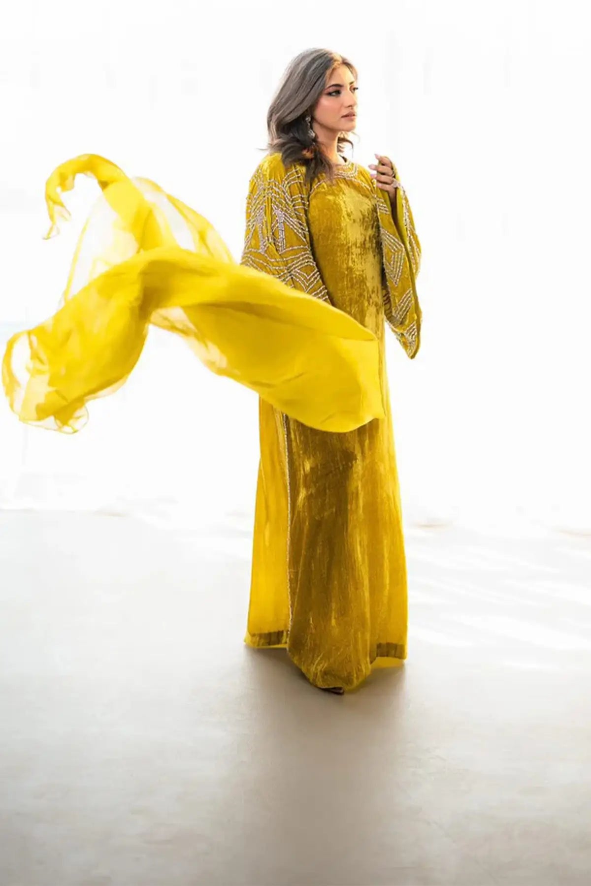 Nooraya – Luxury Velvet Lime Green Kaftan for Festive Occasions