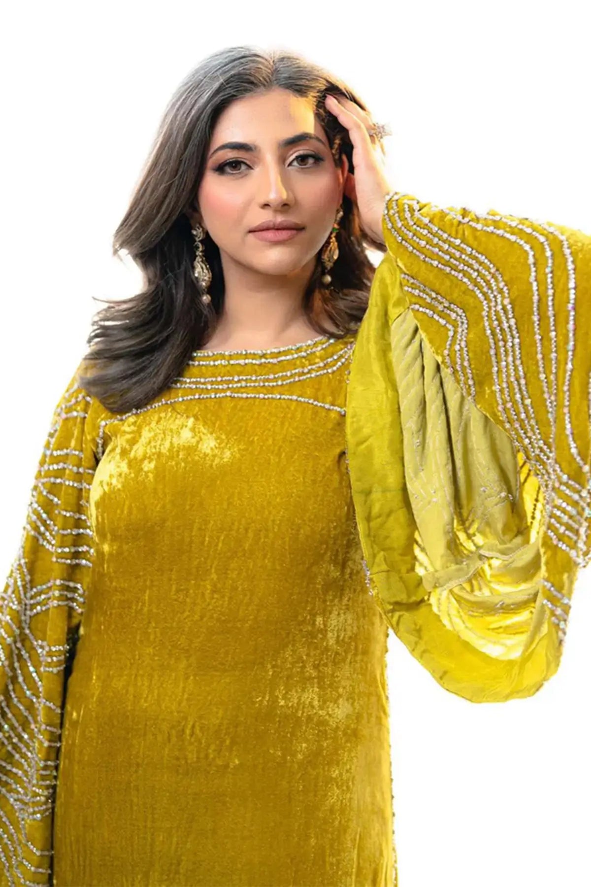 Nooraya – Luxury Velvet Lime Green Kaftan for Festive Occasions