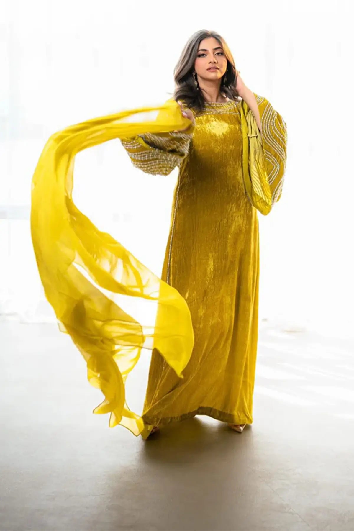 Nooraya – Luxury Velvet Lime Green Kaftan for Festive Occasions