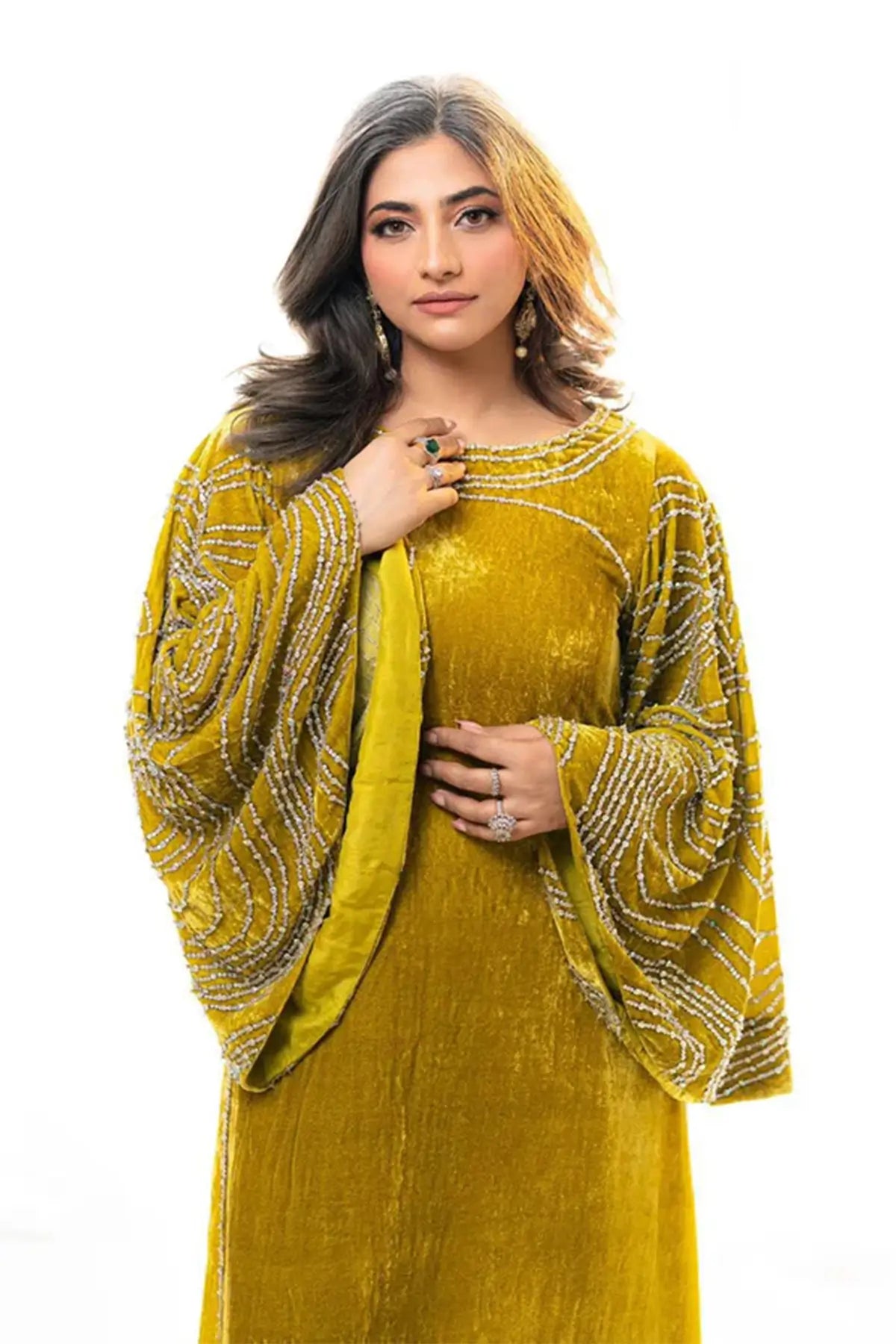 Nooraya – Luxury Velvet Lime Green Kaftan for Festive Occasions