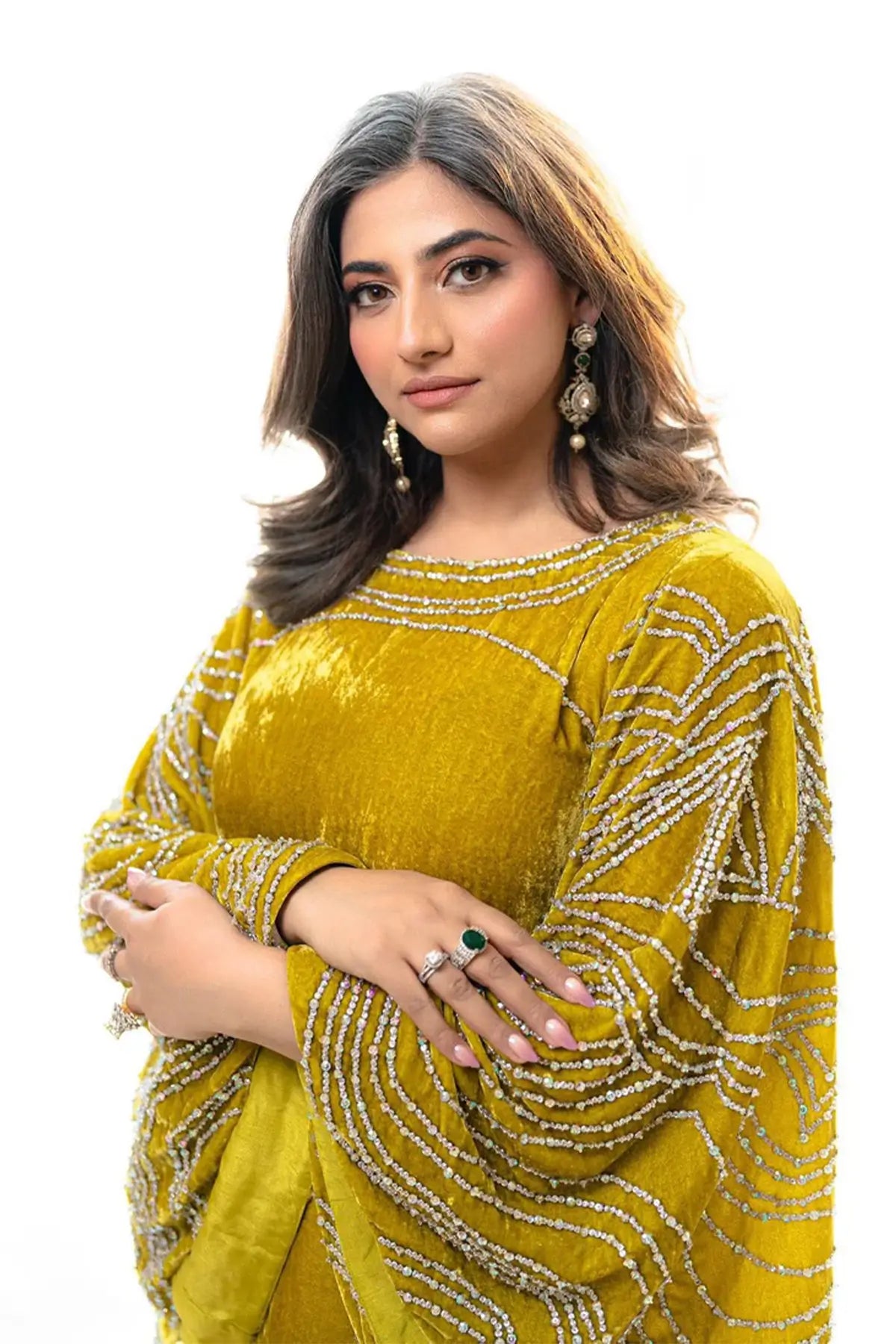 Nooraya – Luxury Velvet Lime Green Kaftan for Festive Occasions