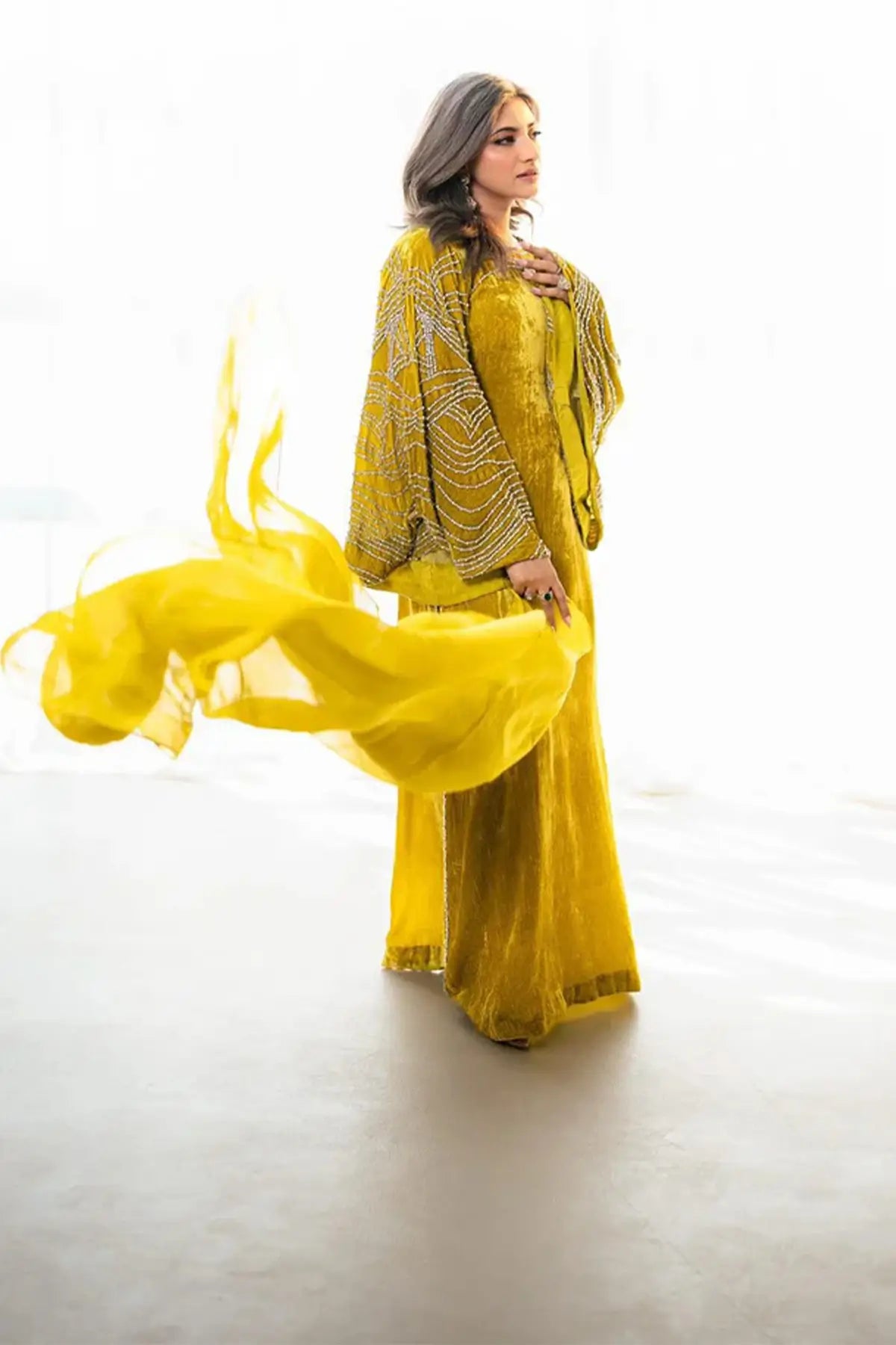 Nooraya – Luxury Velvet Lime Green Kaftan for Festive Occasions