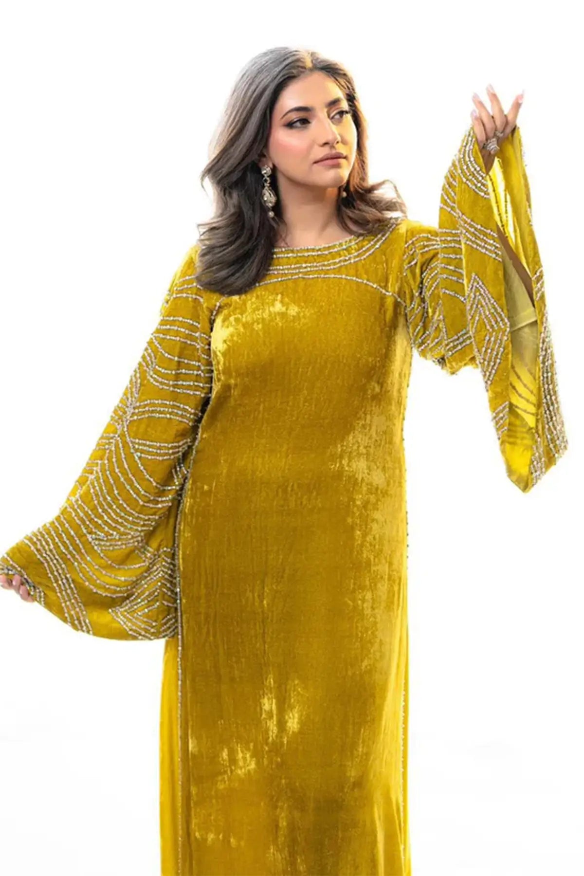 Nooraya – Luxury Velvet Lime Green Kaftan for Festive Occasions