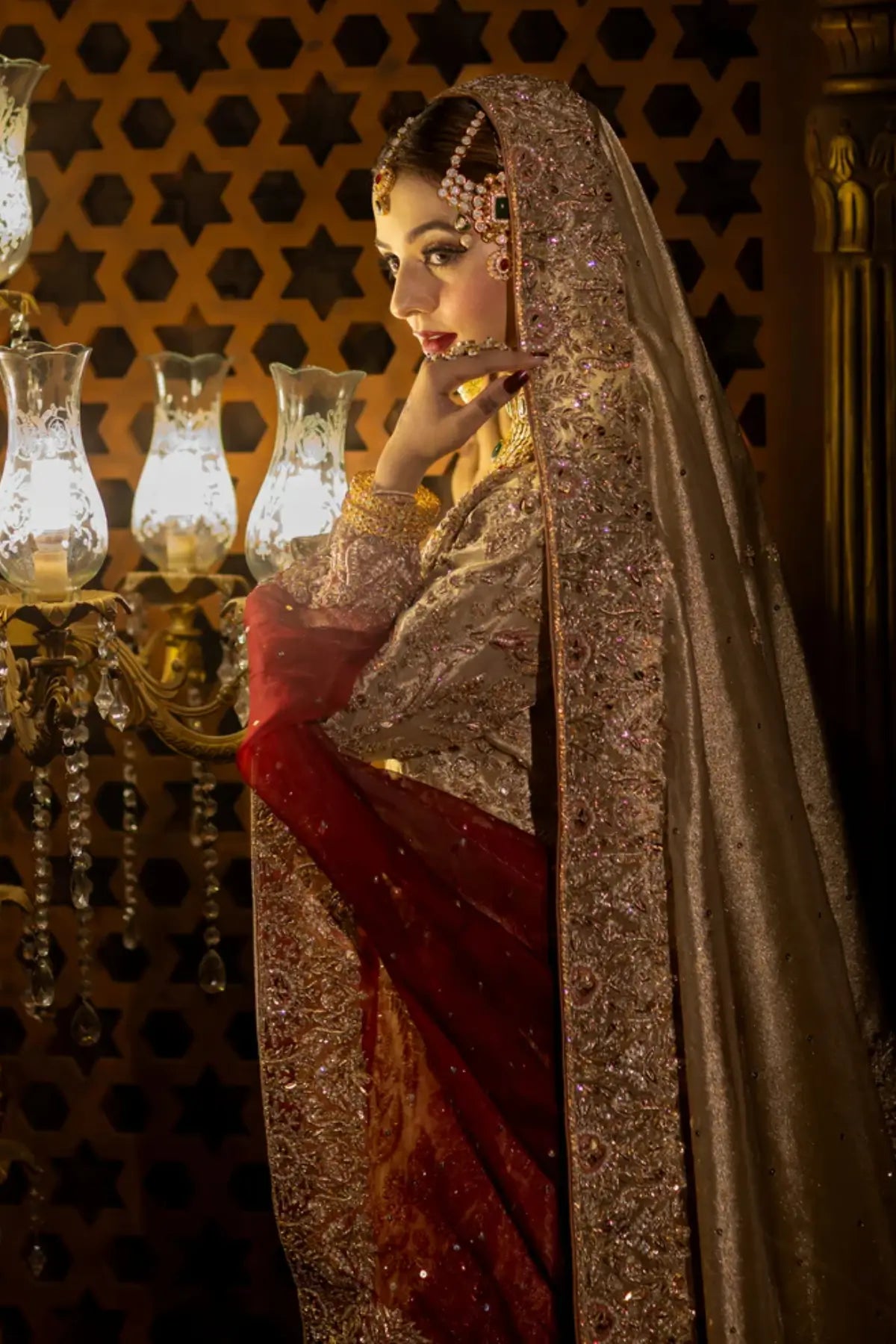 Noorjehan – Order Bridal Gharara Set in Gold Tissue with Red Dupatta