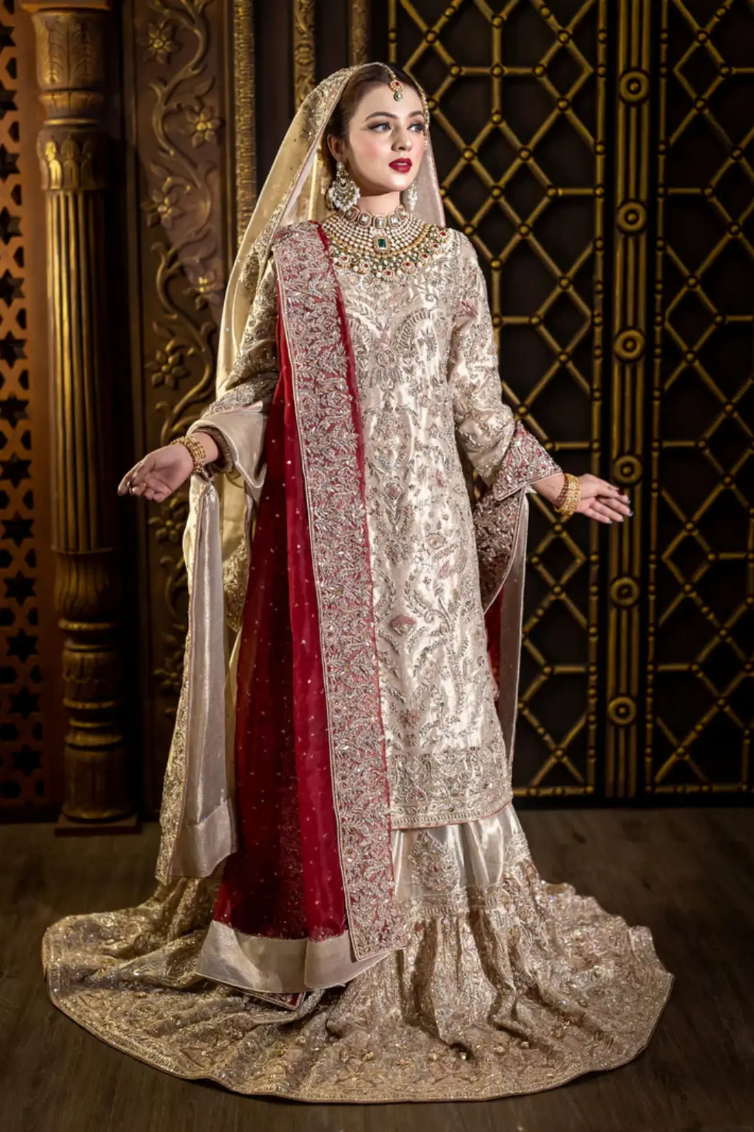 Noorjehan – Order Bridal Gharara Set in Gold Tissue with Red Dupatta