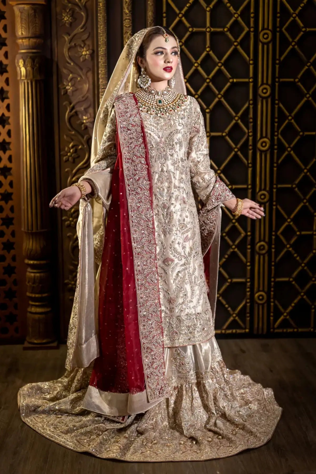 Noorjehan – Order Bridal Gharara Set in Gold Tissue with Red Dupatta