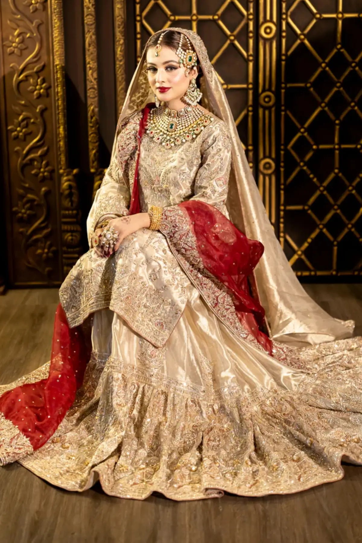 Noorjehan Order Bridal Gharara Set in Gold Tissue with Red Dupatta MariamRaj Noorjehan Order Bridal Gharara Set in Gold Tissue with Red Dupatta MariamRaj