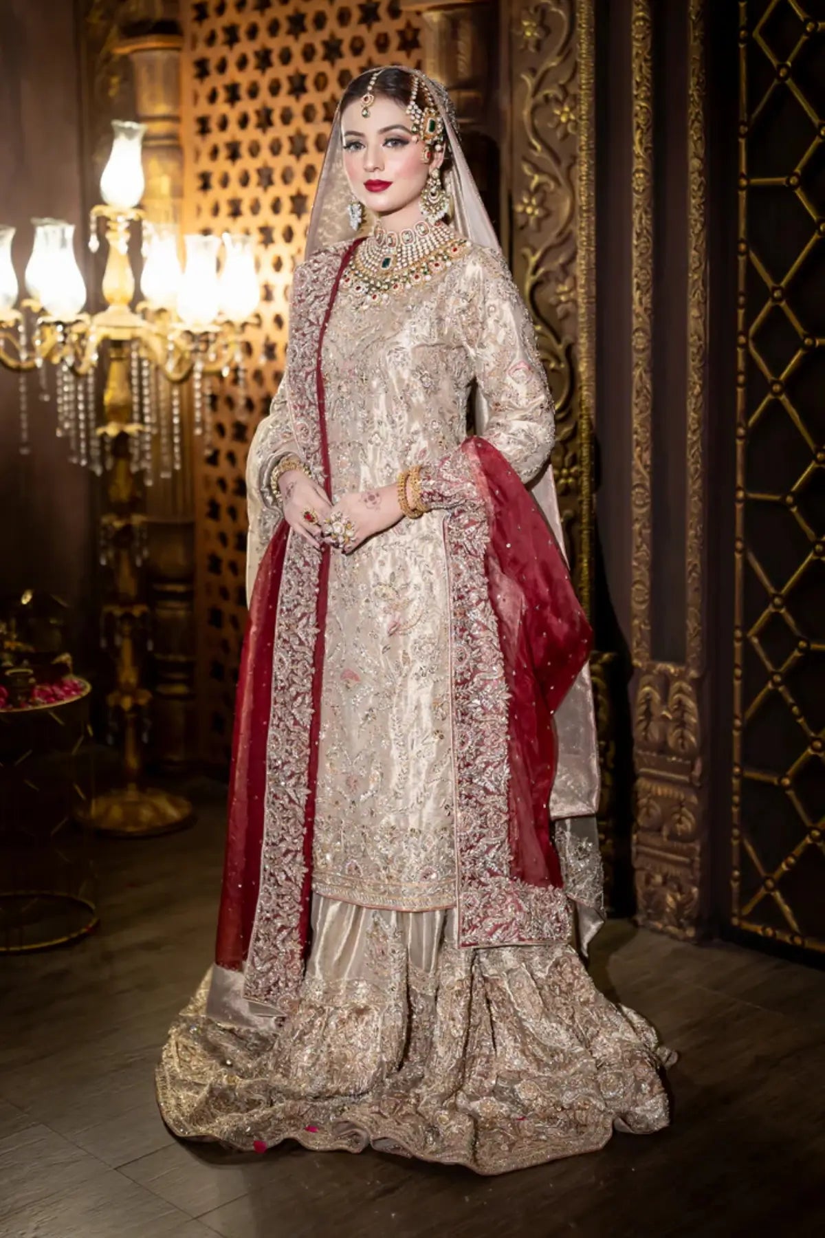 Noorjehan – Order Bridal Gharara Set in Gold Tissue with Red Dupatta