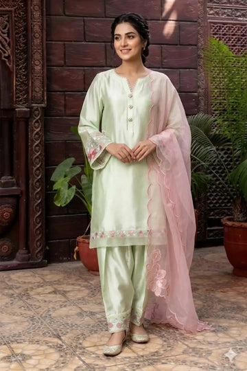 Nukhat – Pakistani Semi-Formal Wear in Sheesha Silk and Embroidered Organza