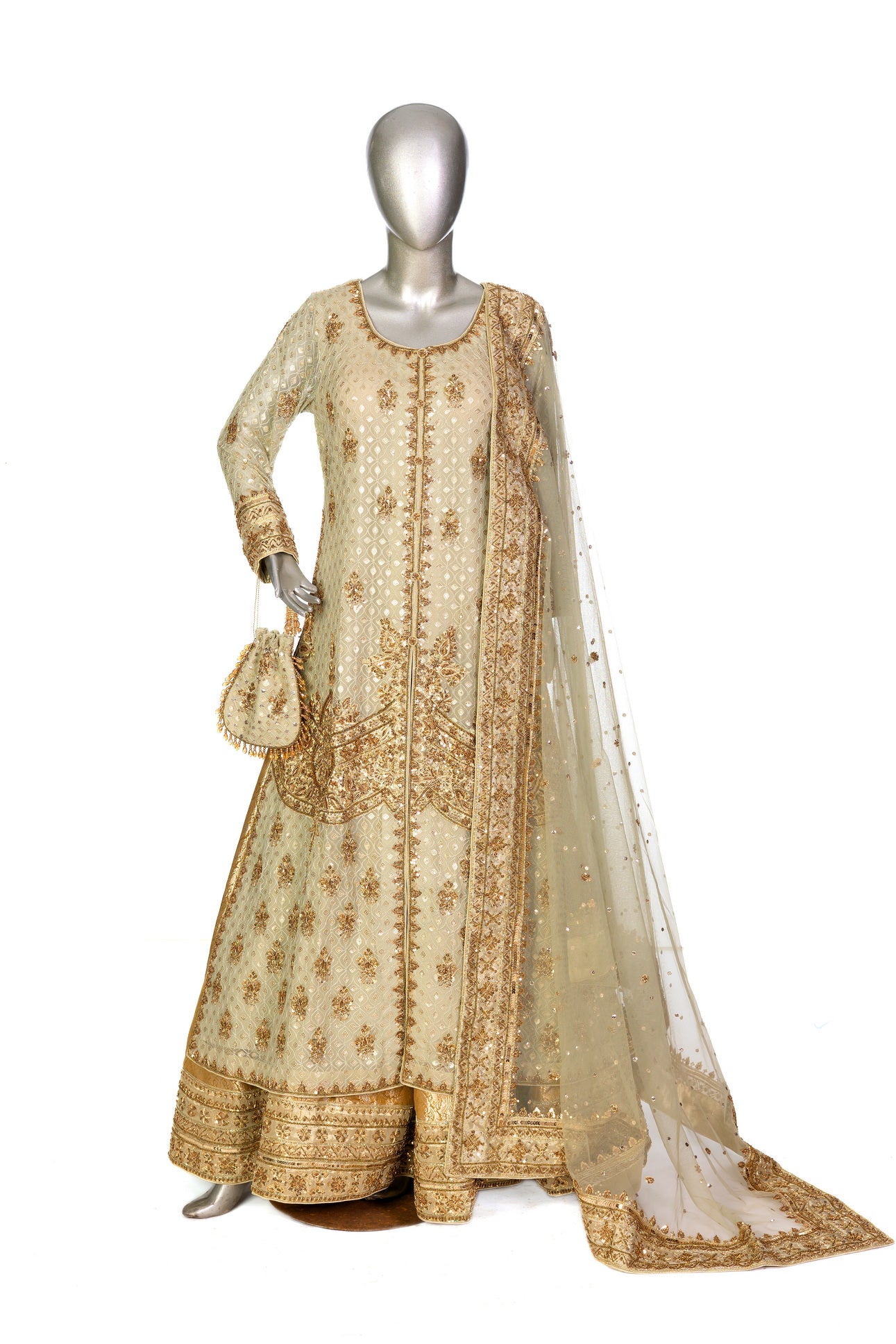 Olive green and gold Pakistani bridal Anarkali dress by MariamRaj, featuring gold and copper handwork, gold lehenga, and net dupatta – custom stitched for UK weddings.