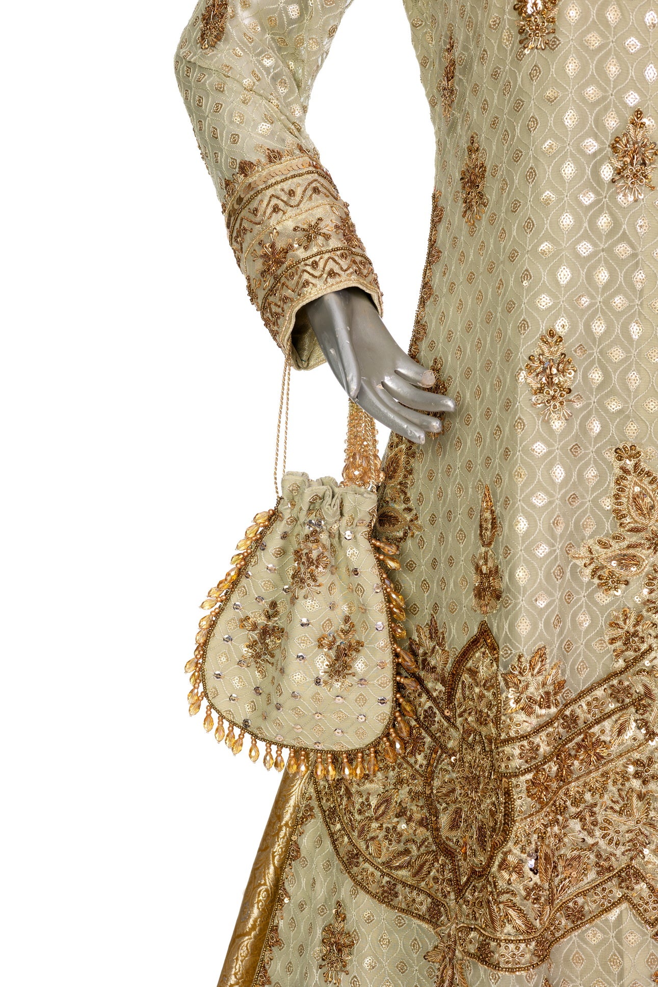 Olive green and gold Pakistani bridal Anarkali dress by MariamRaj, featuring gold and copper handwork, gold lehenga, and net dupatta – custom stitched for UK weddings.