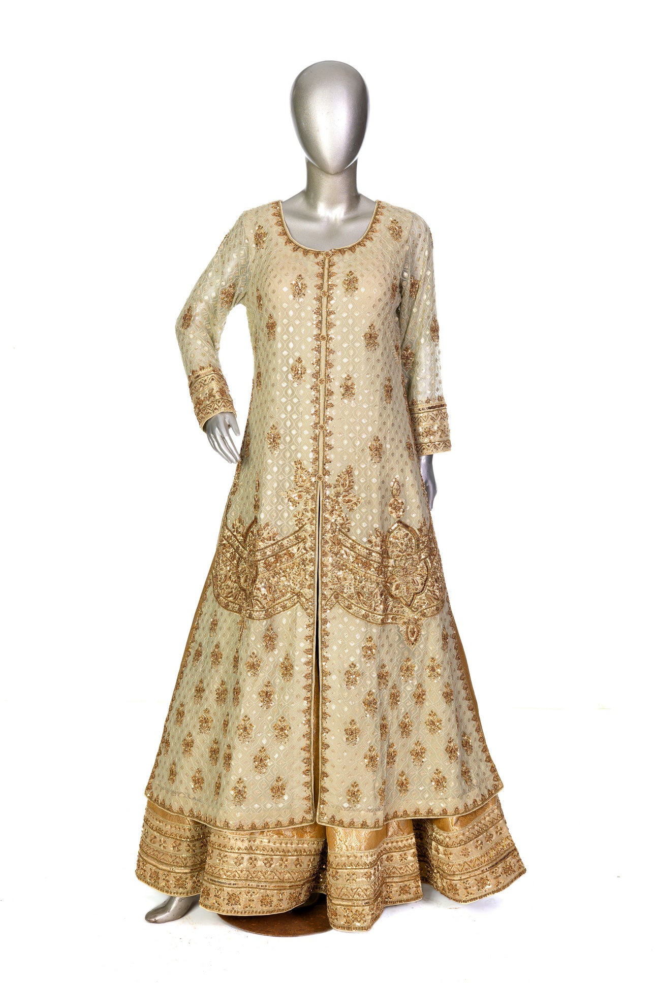 Olive green and gold Pakistani bridal Anarkali dress by MariamRaj, featuring gold and copper handwork, gold lehenga, and net dupatta – custom stitched for UK weddings.