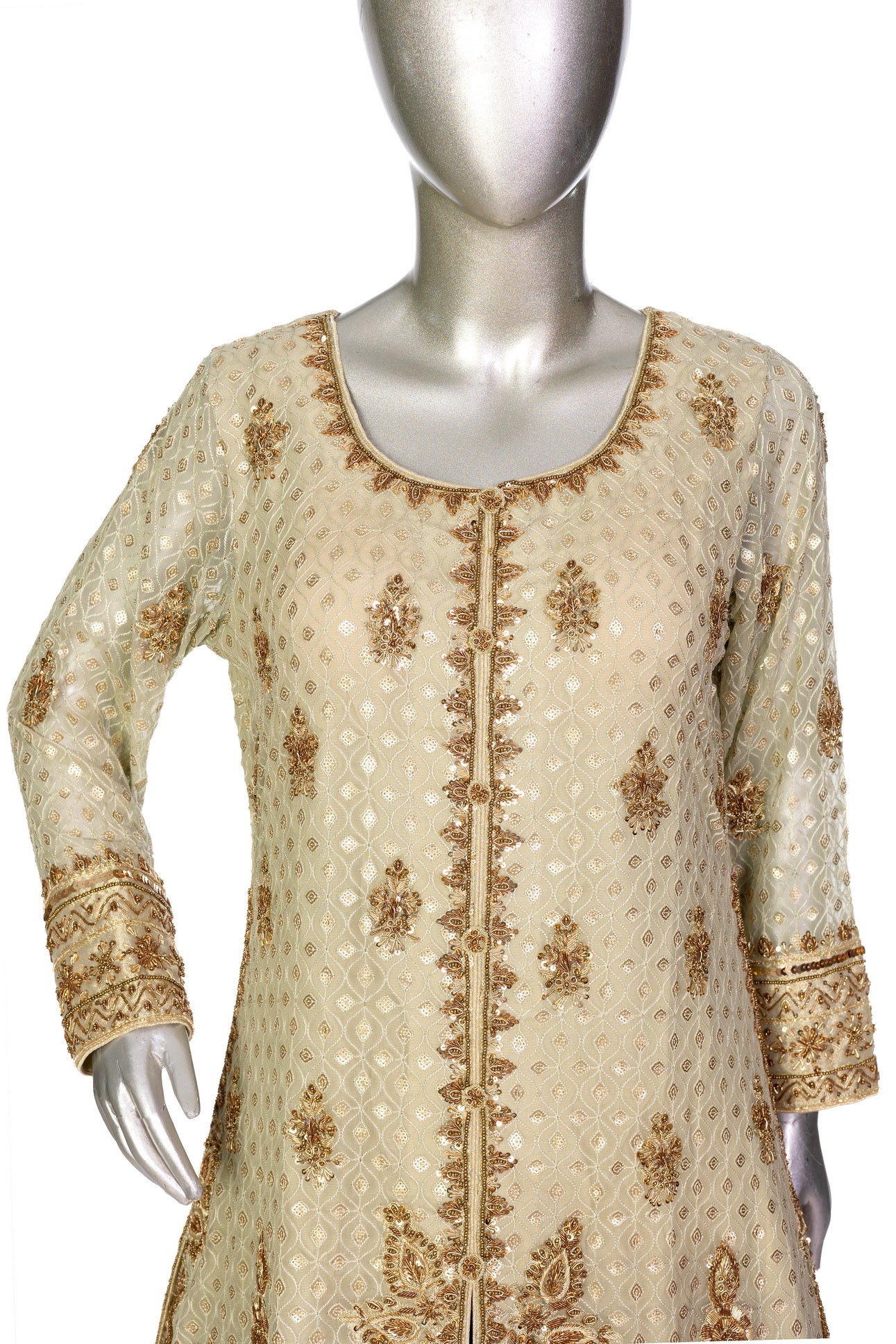 Olive green and gold Pakistani bridal Anarkali dress by MariamRaj, featuring gold and copper handwork, gold lehenga, and net dupatta – custom stitched for UK weddings.