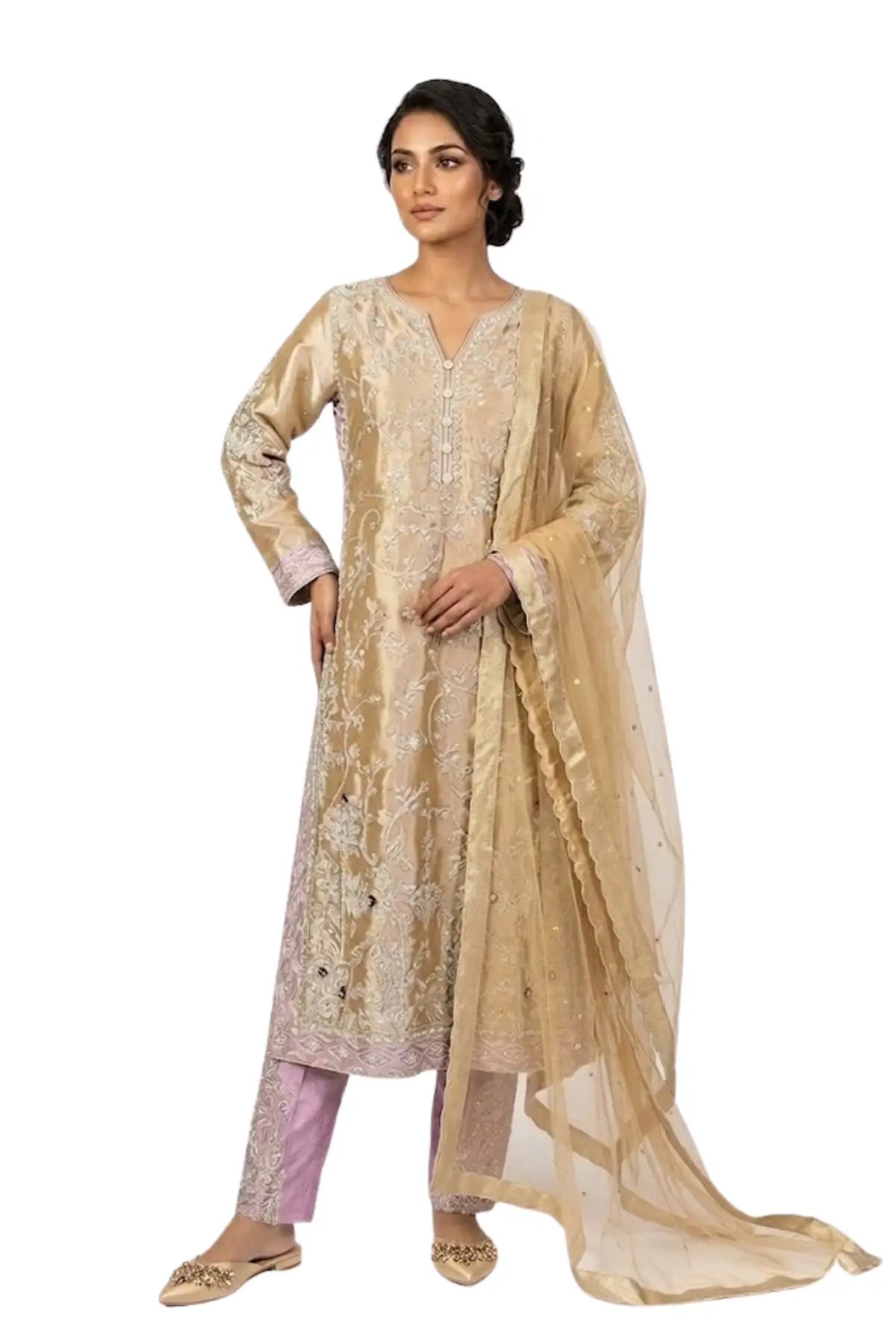 Pariza – Gold Tissue Wedding Formal Dress with Silk Trousers