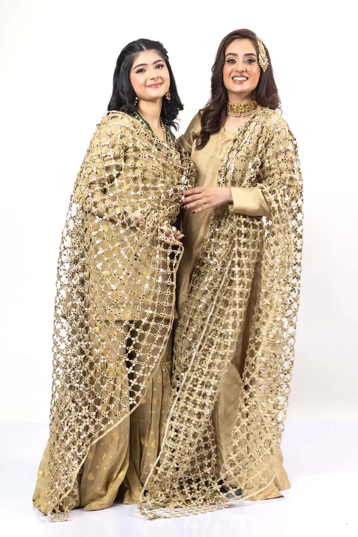 Posheeda Sheesh Duppatta – Gold Designer Frock & Gharara Set for Weddings