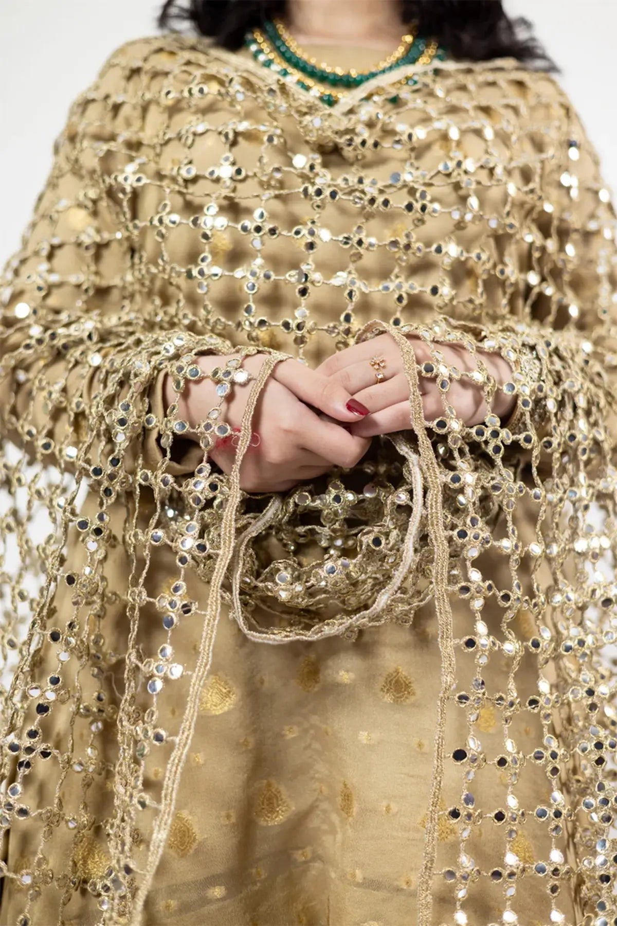 Posheeda Sheesh Duppatta – Gold Designer Frock & Gharara Set for Weddings