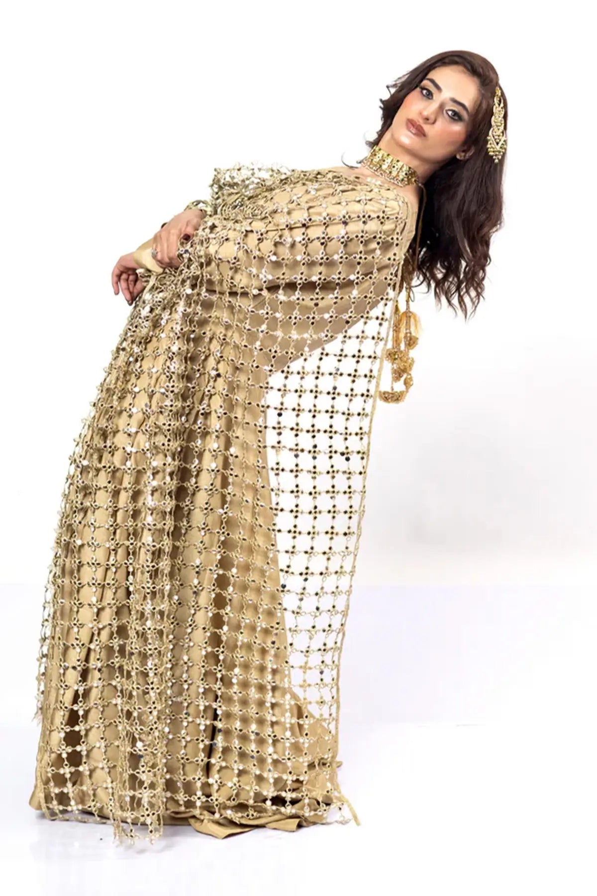 Posheeda Sheesh Duppatta – Gold Designer Frock & Gharara Set for Weddings