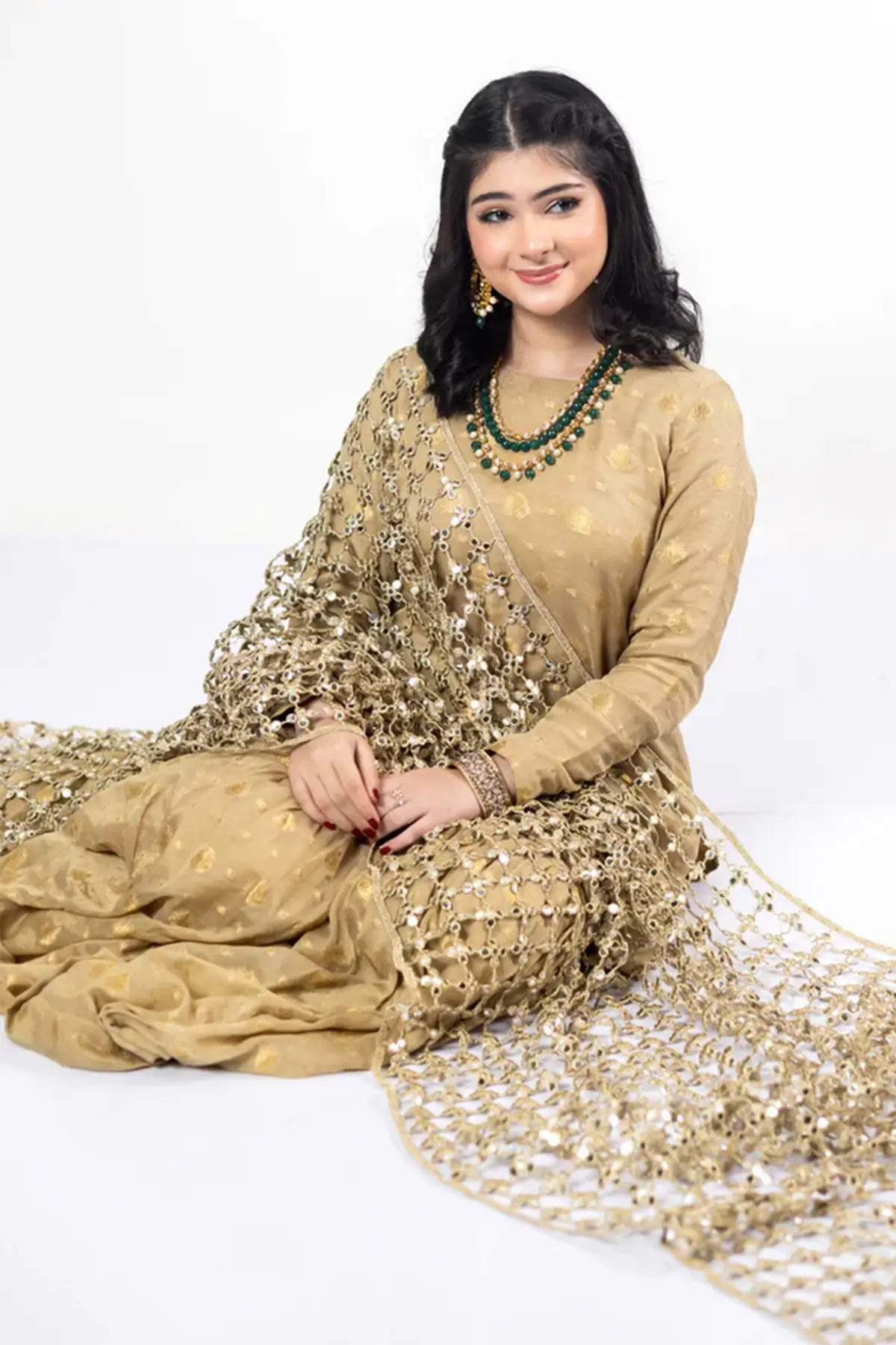 Posheeda Sheesh Duppatta – Gold Designer Frock & Gharara Set for Weddings