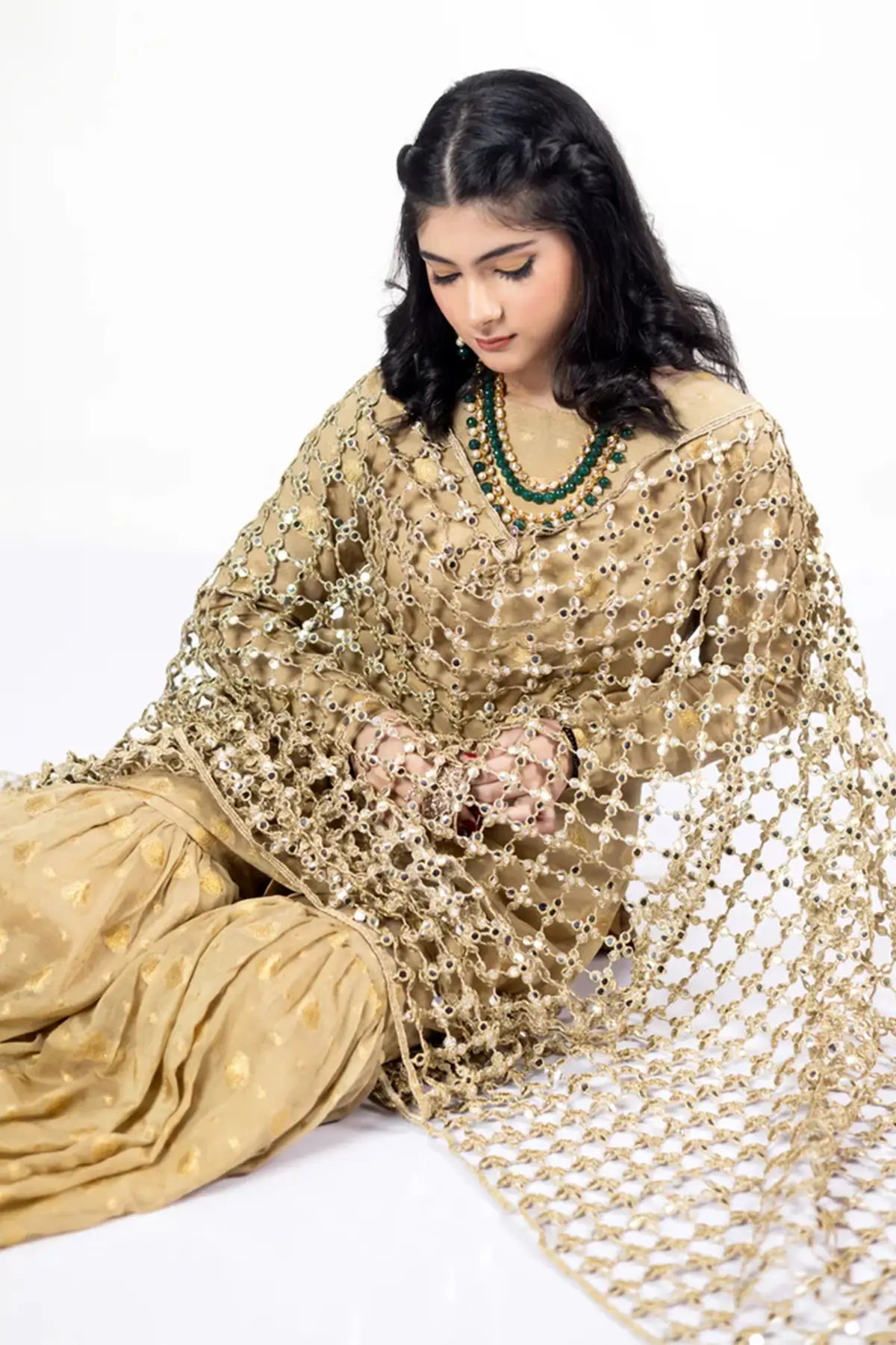 Posheeda Sheesh Duppatta – Gold Designer Frock & Gharara Set for Weddings