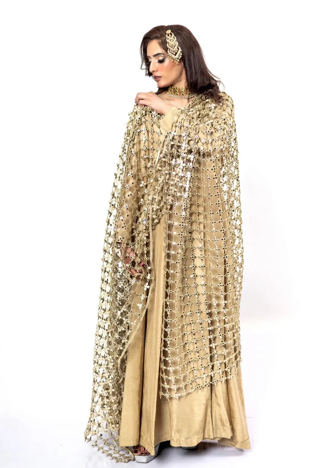 Posheeda Sheesh Duppatta – Gold Designer Frock & Gharara Set for Weddings