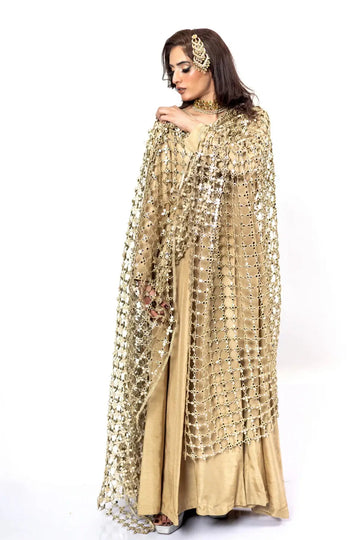 Posheeda Sheesh Duppatta – Gold Designer Frock & Gharara Set for Weddings