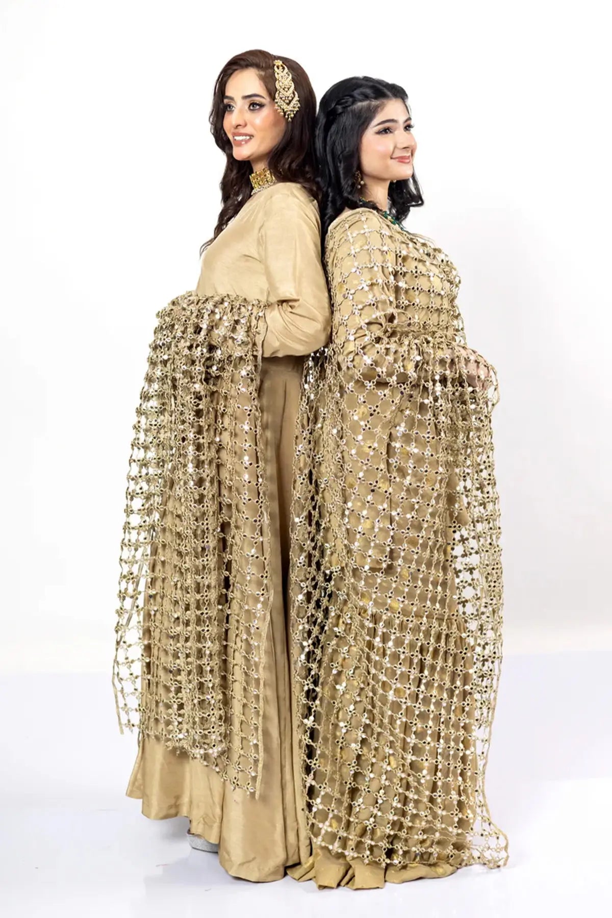 Posheeda Sheesh Duppatta – Gold Designer Frock & Gharara Set for Weddings