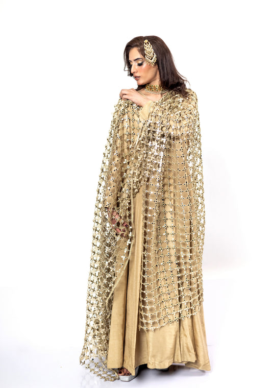 MariamRaj Gold Designer Frock & Gharara Bridal Set with Pushida Dupatta