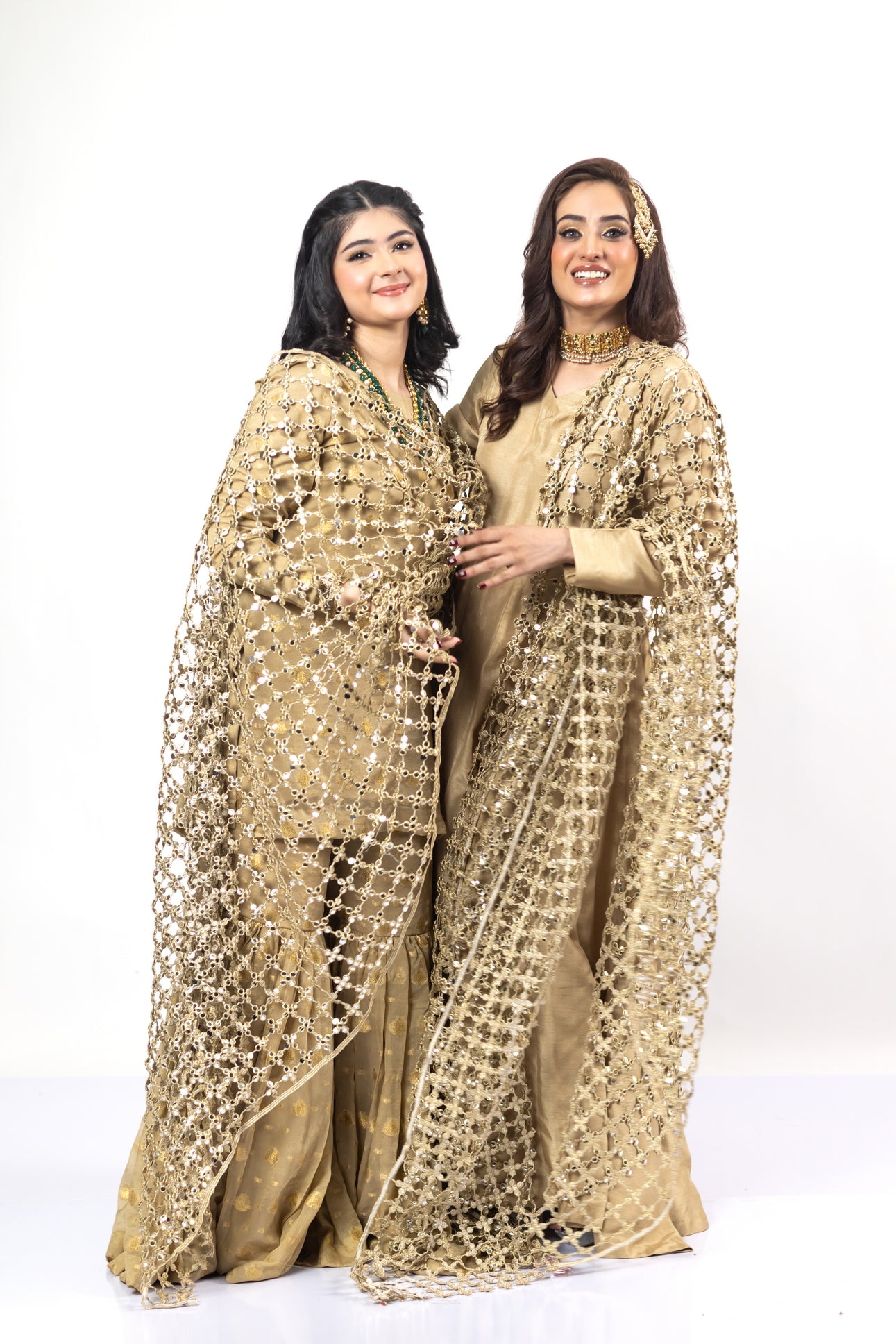 MariamRaj Gold Designer Frock & Gharara Bridal Set with Pushida Dupatta