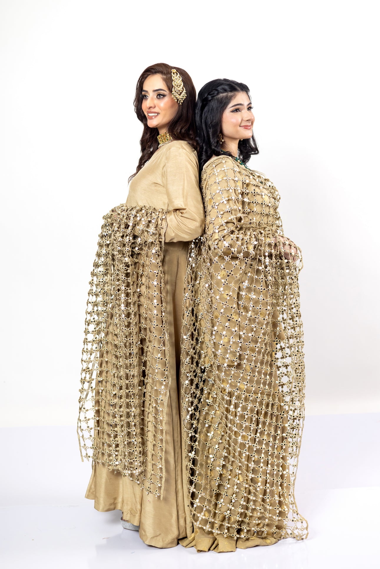 MariamRaj Gold Designer Frock & Gharara Bridal Set with Pushida Dupatta