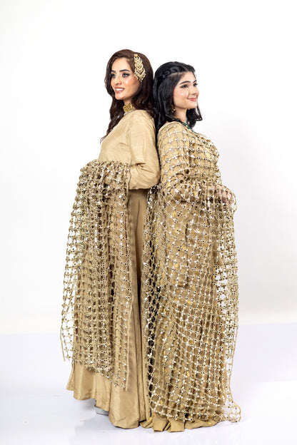 MariamRaj Gold Designer Frock & Gharara Bridal Set with Pushida Dupatta